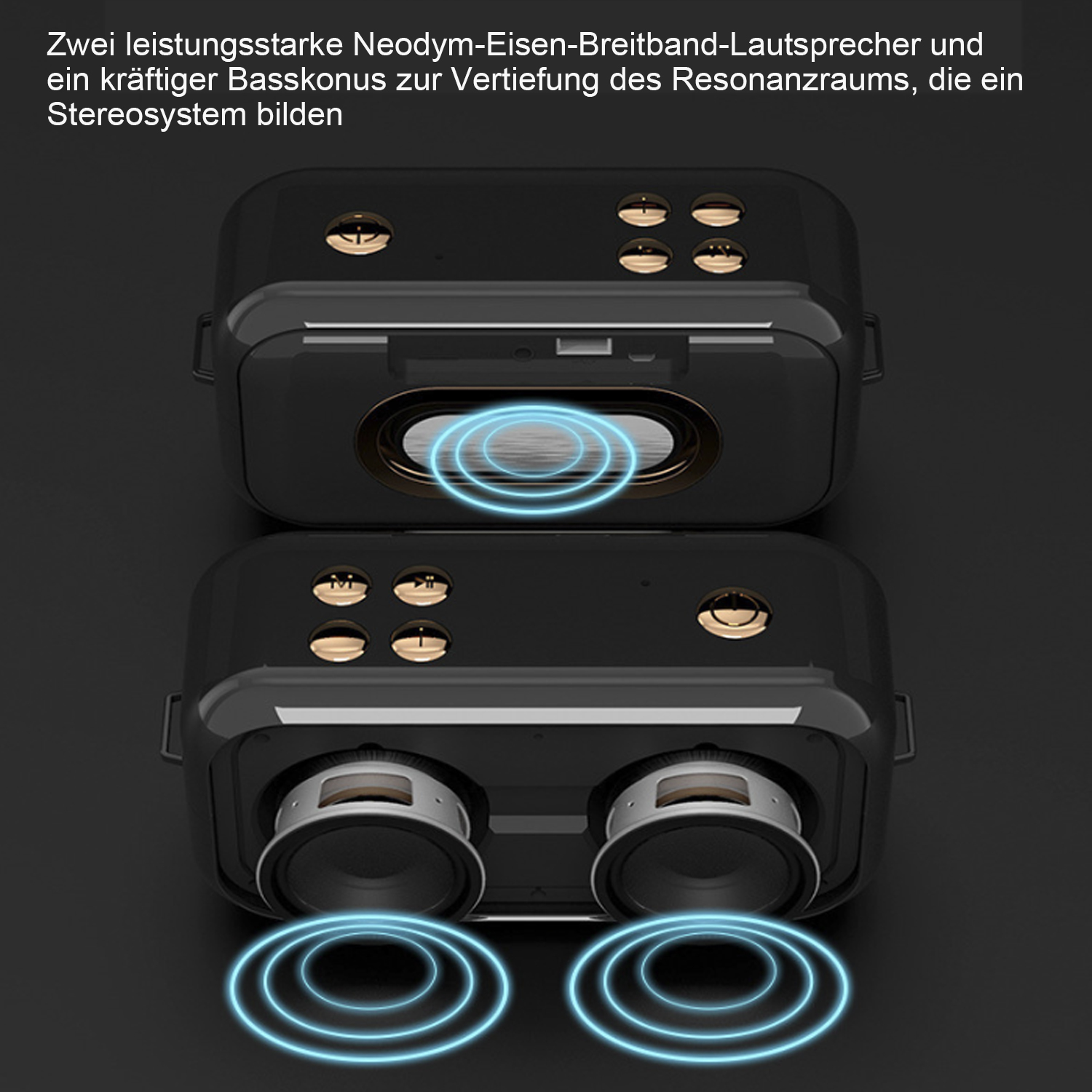 Zwei schwarze Lautsprecher mit blauen Schallwellen-Grafiken. Goldakzent und dunkler Hintergrund.