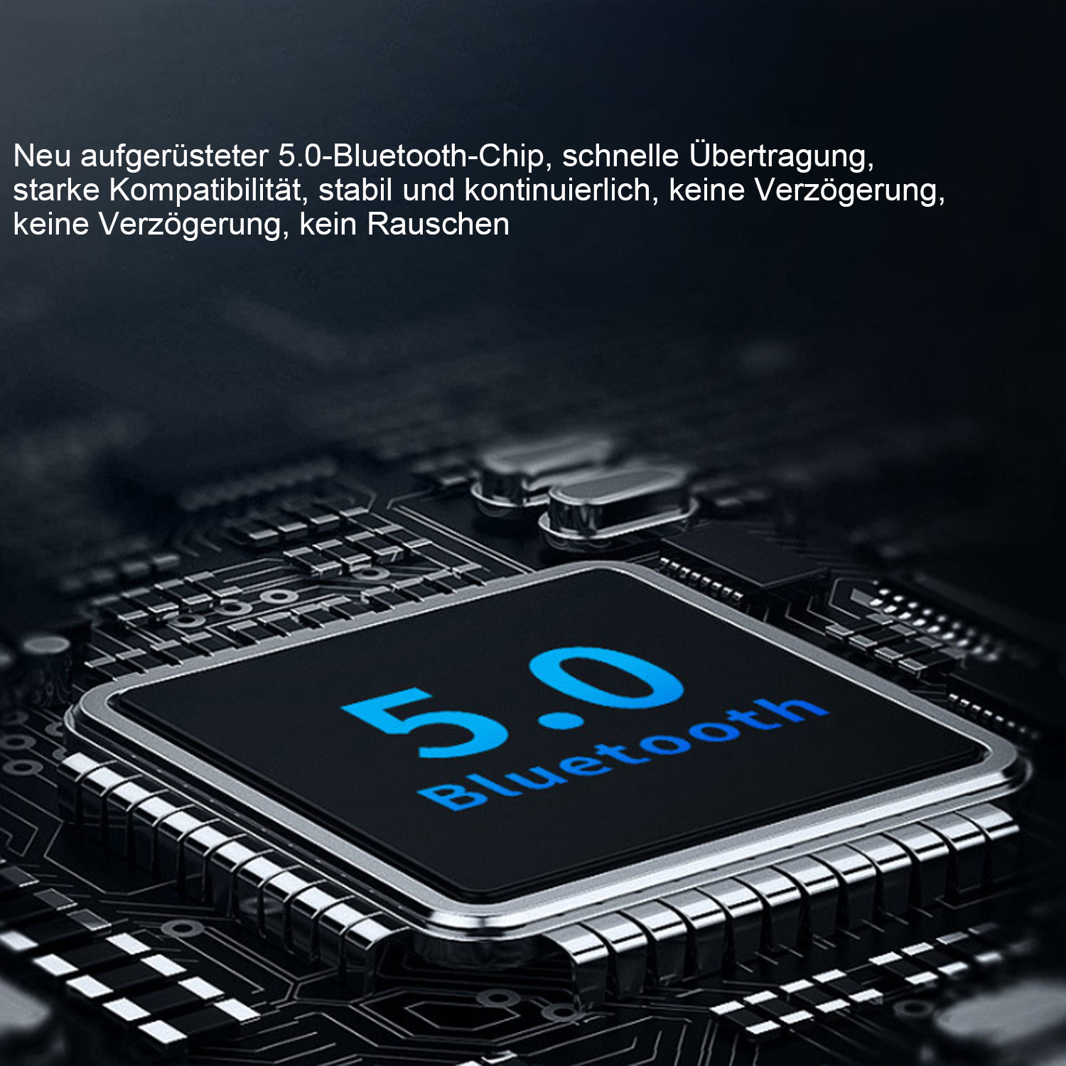 Nahaufnahme eines schwarzen Mikrochips mit der blauen Aufschrift '5.0 Bluetooth'. Text über den Chip befindet sich oben.