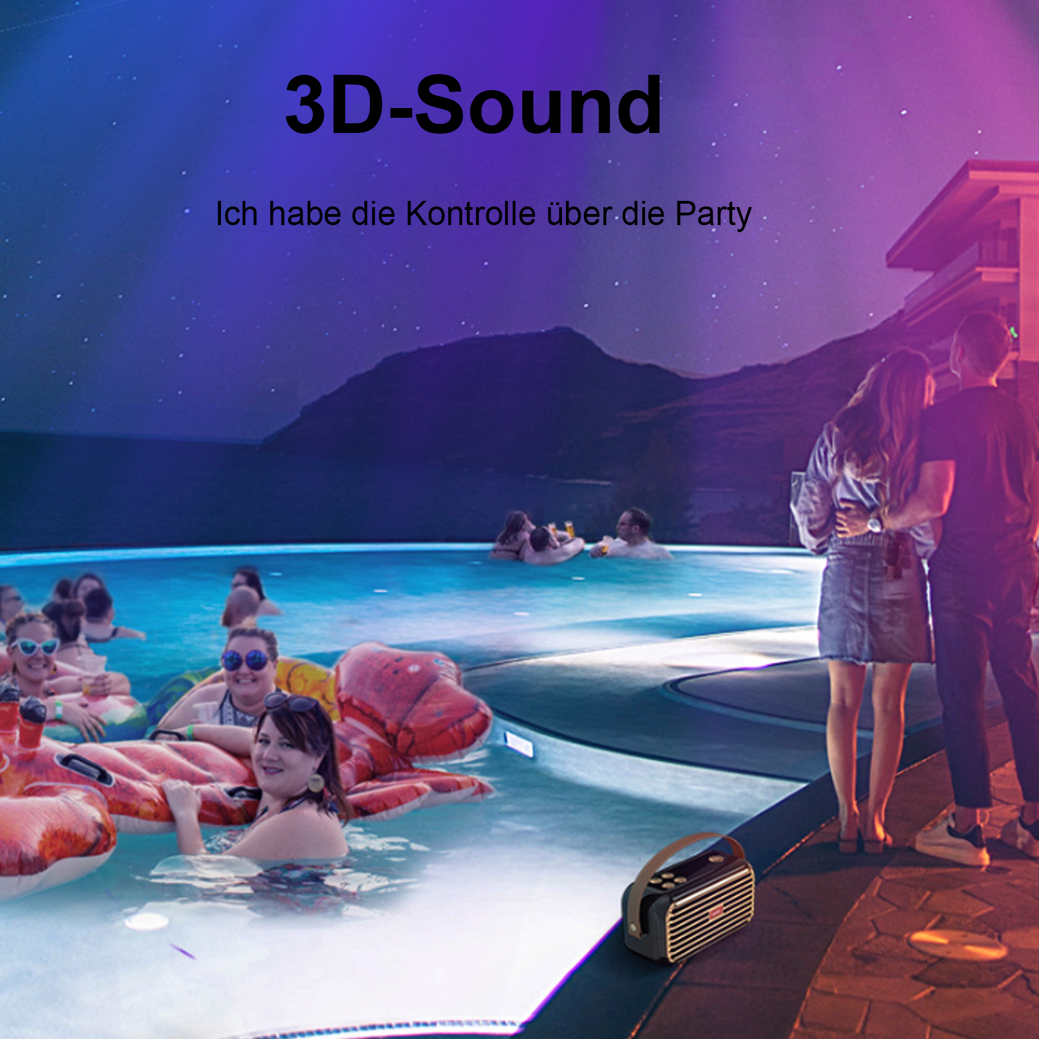 Leute in einem Pool mit einem Lautsprecher. Einige sind im Wasser, andere am Rand. Der Himmel ist dunkel.