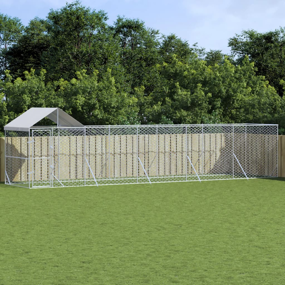 Hundezwinger im Garten, mit Zaun und Holzwand. Grünes Gras.