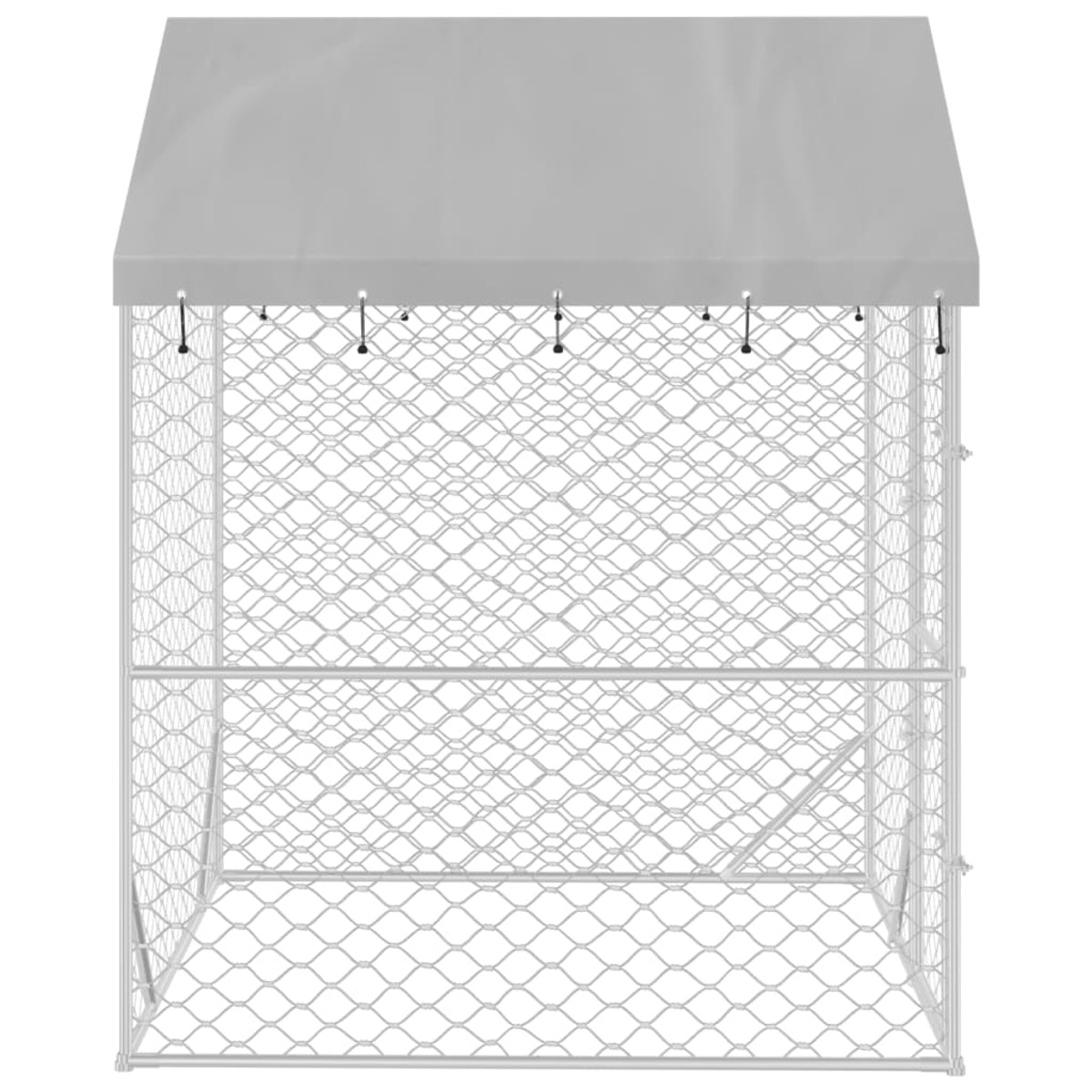 Metall-Drahtrahmen-Hundehütte mit grauem Dach, auf weißem Hintergrund.