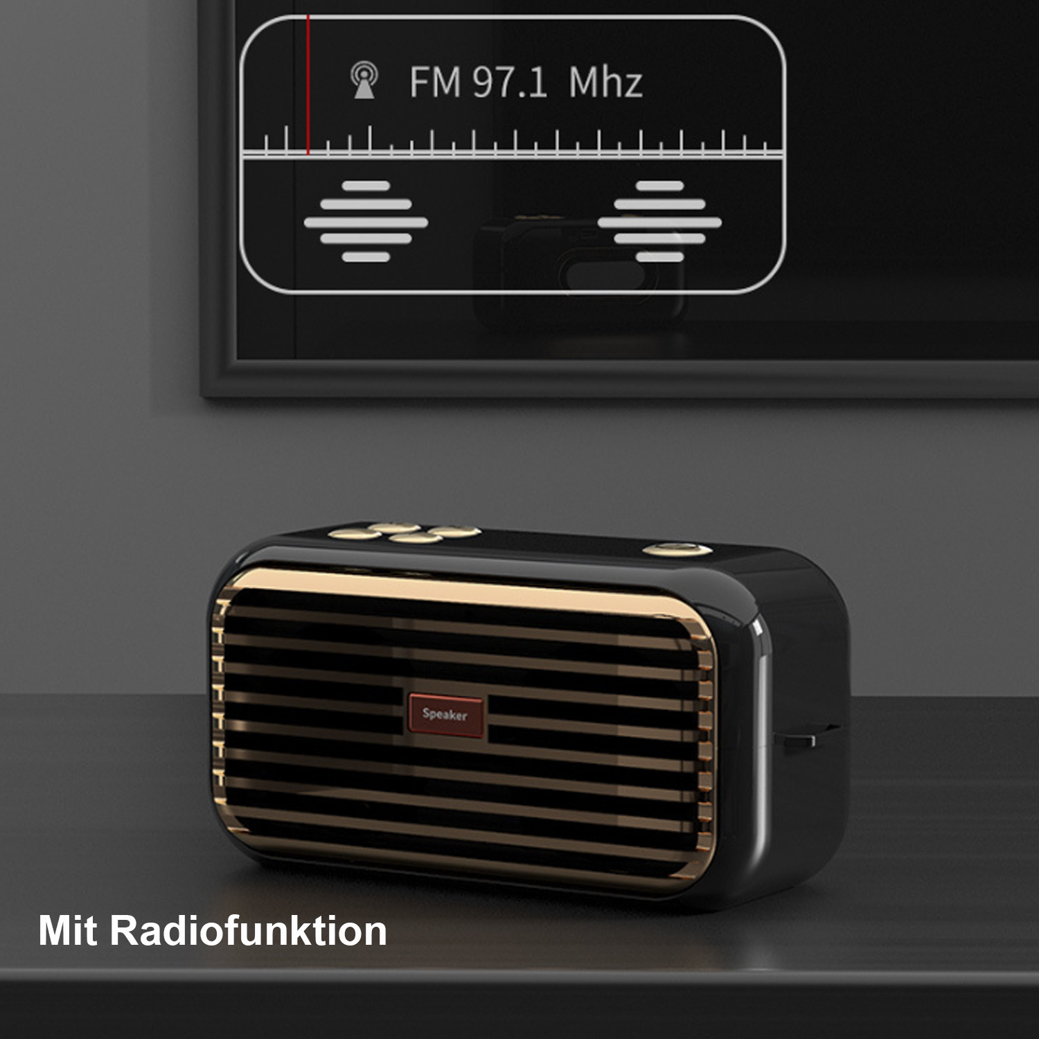 Ein schwarz-goldener Lautsprecher im Retro-Design mit Radioanzeige, der auf einer dunklen Oberfläche steht.