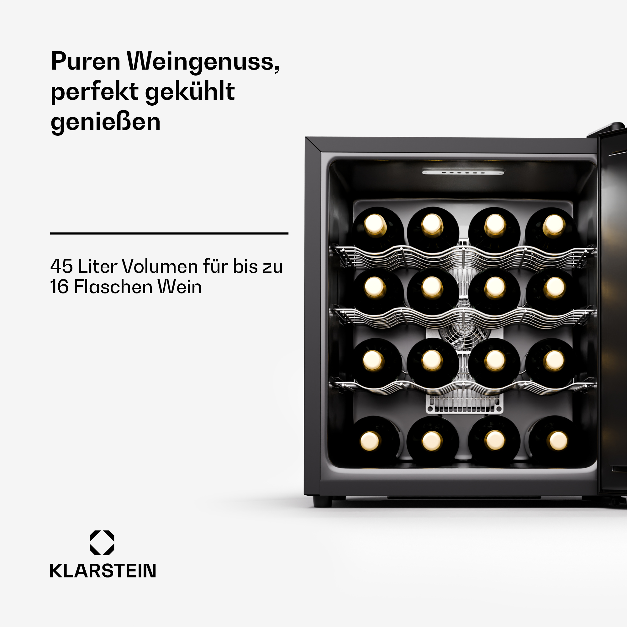 Ein schwarzer Weinkühler mit Weinflaschen im Inneren und Text, der seine Kapazität beschreibt.