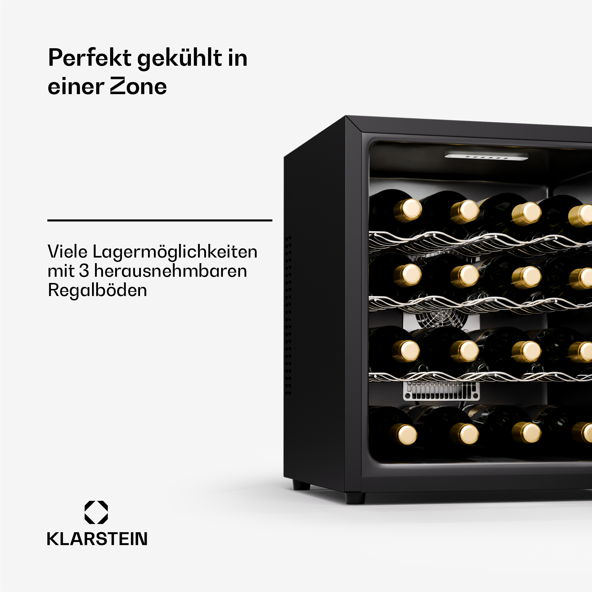 Weinkühler mit Flaschen. Text im Bild beschreibt Lagerung und Kühlung.
