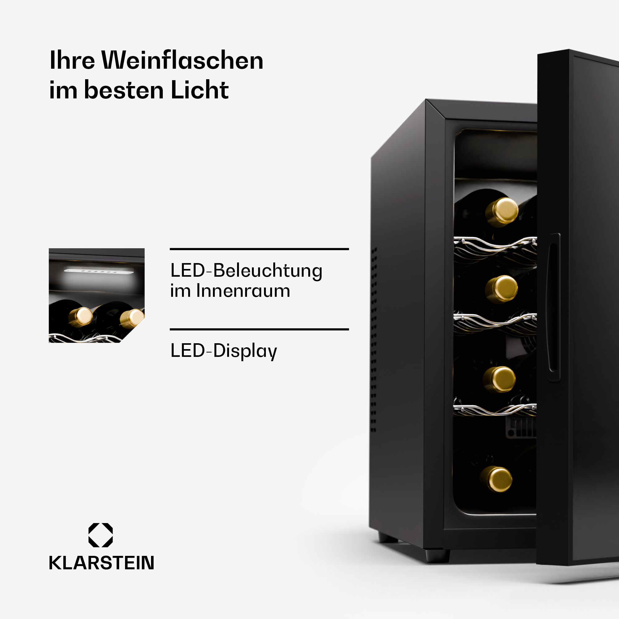 Schwarzer Weinkühler mit offener Tür. Innen werden Weinflaschen von LED-Leuchten beleuchtet.