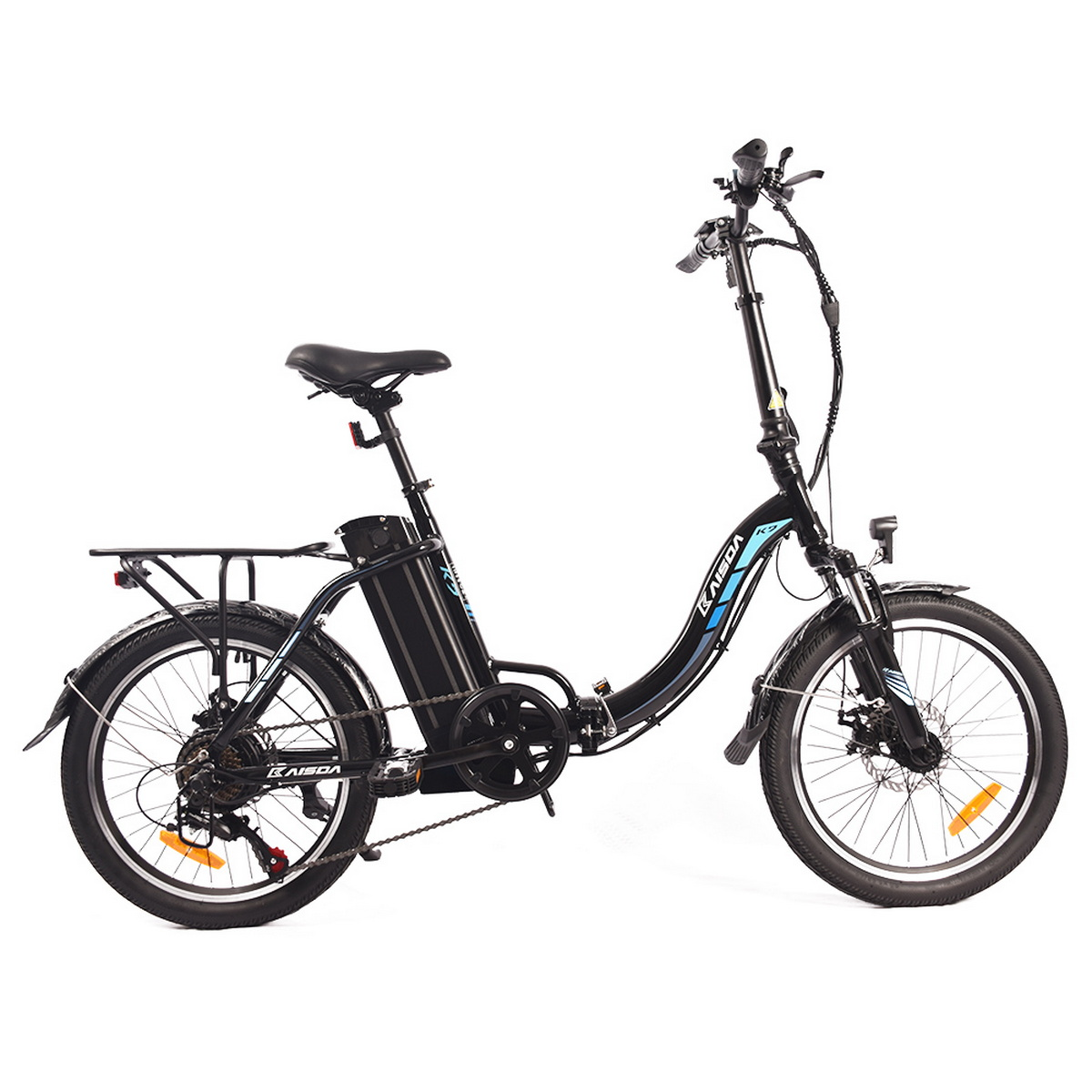 Ein Elektrofahrrad mit schwarzem Rahmen, Akku und Reifen. Das KAISDA-Logo ist auf dem Rahmen sichtbar.