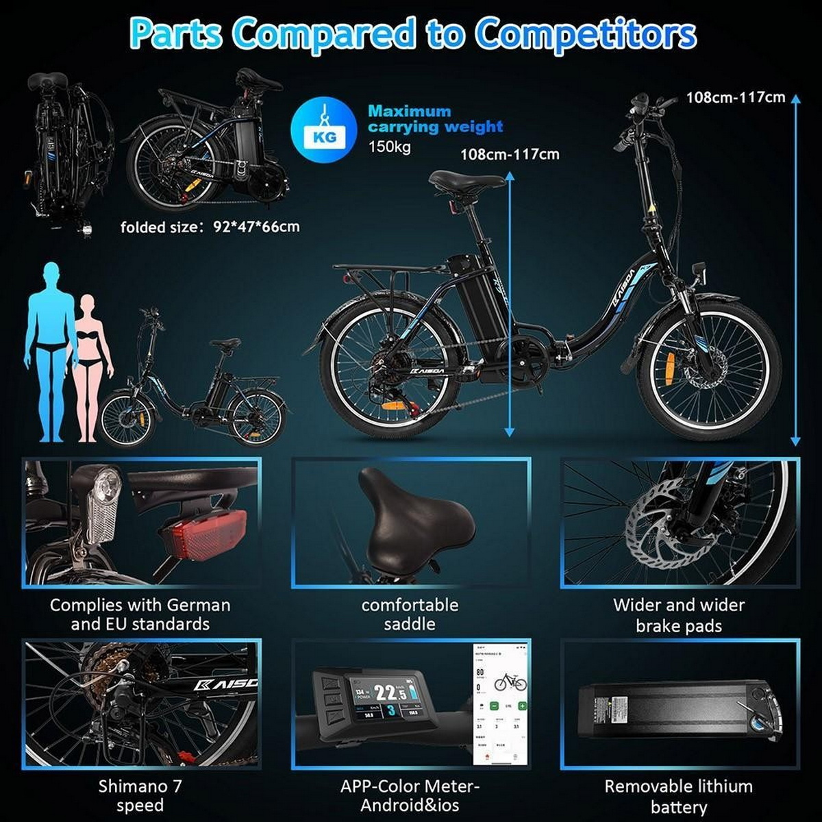 Bicicletta elettrica con dettagli, testo: Parti rispetto ai concorrenti, dimensioni piegate, peso e altro.