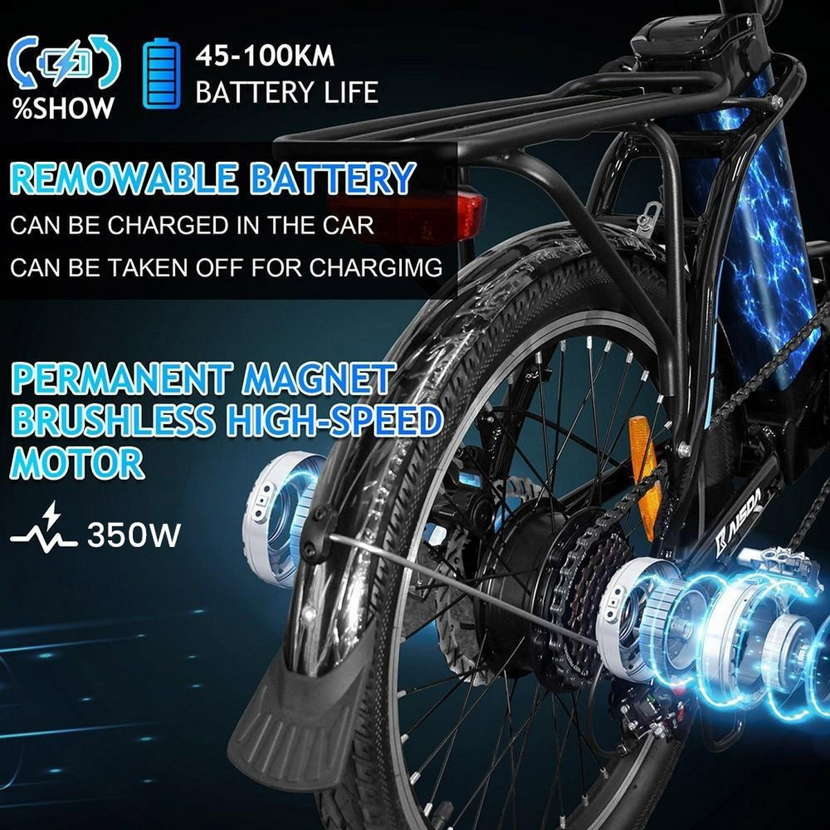 Bicicletta elettrica nera con testo sul motore, la batteria e le caratteristiche.