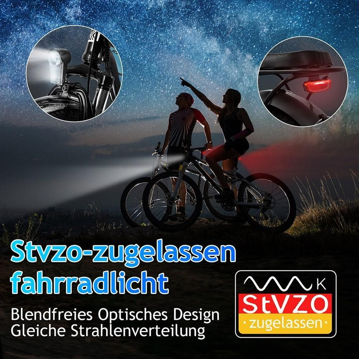 Due ciclisti con luci per bici in una scena notturna, con il testo 'Stvzo-zugelassen fahrradlicht'.