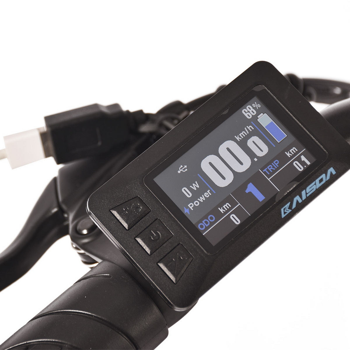 E-Bike-Bedienfeld mit Geschwindigkeit, Leistung und Akkustand.