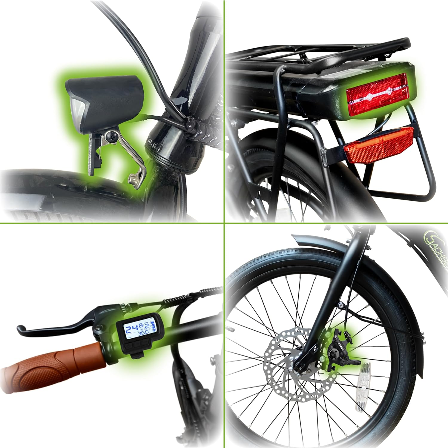 Nahaufnahme eines E-Bikes. Details umfassen Scheinwerfer, Display, Bremsen und Rücklicht.