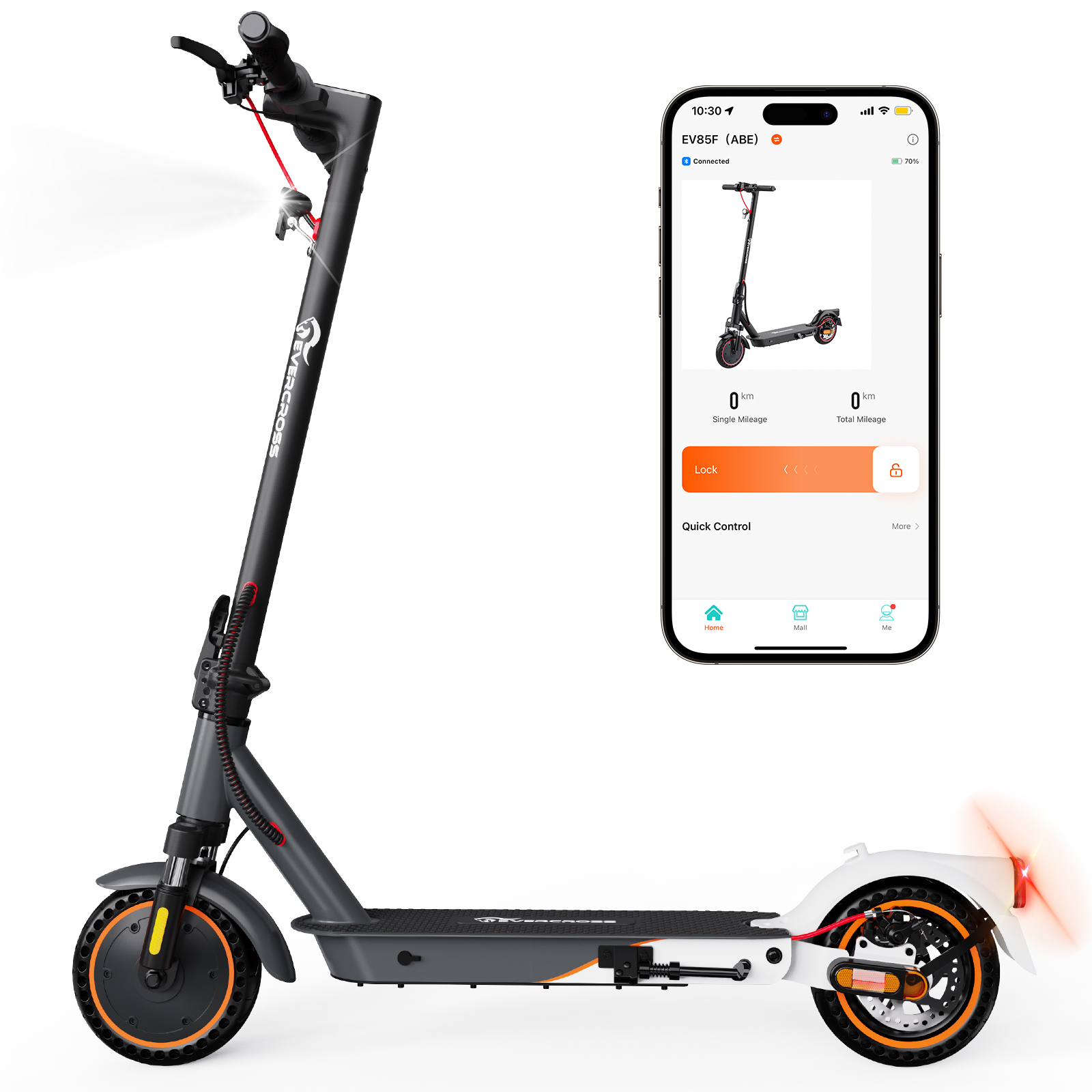 Schwarzer und grauer Elektroroller mit einem Telefon, das die App-Oberfläche des Rollers zeigt.