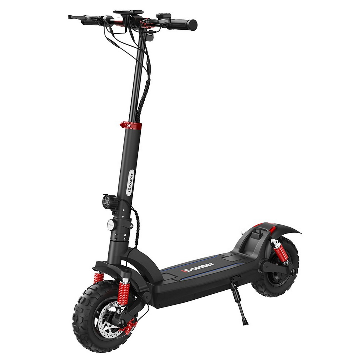 Scooter elettrico nero con accenti rossi. Sfondo bianco. Manubrio visibile.