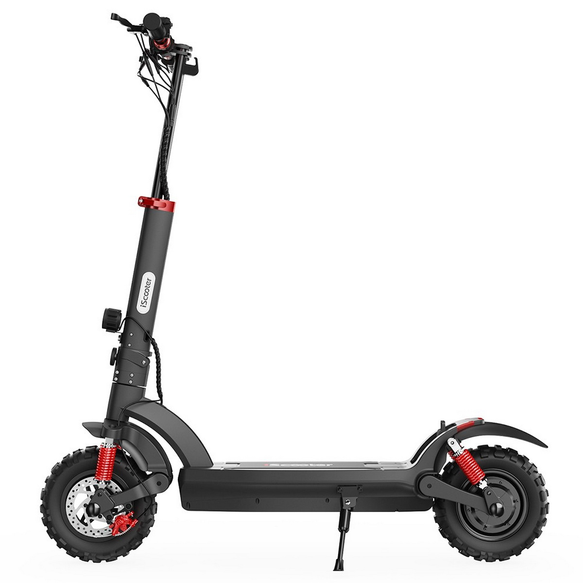 Scooter elettrico nero con dettagli rossi. Ha pneumatici grandi e sospensioni.