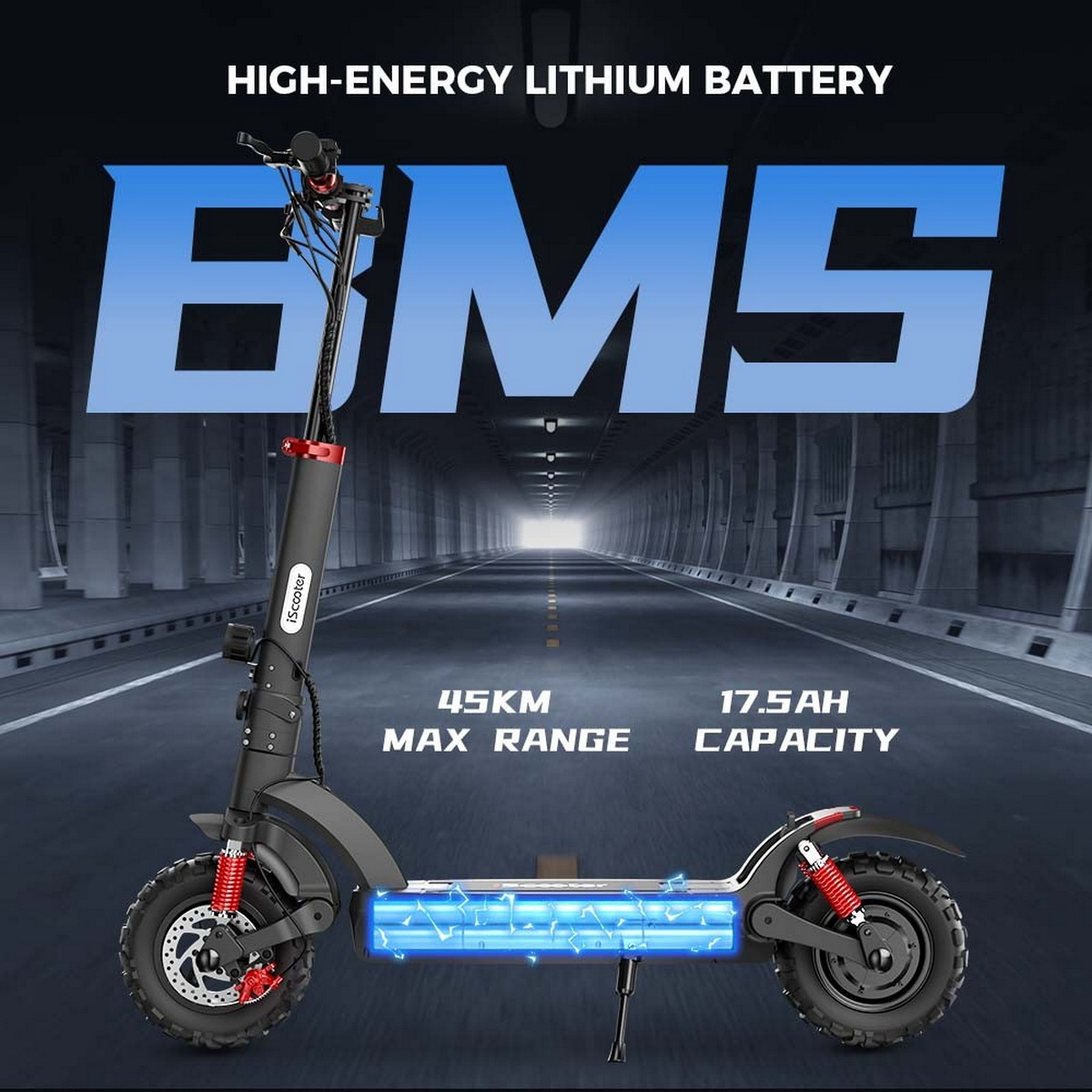 Scooter elettrico con dimensioni e testo: BMS, 45KM, capacità 17,5AH.
