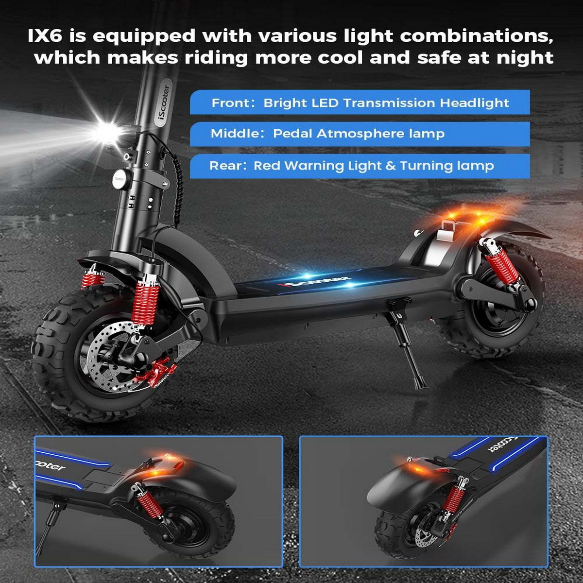 Scooter elettrico nero con luci luminose e una panoramica dei dettagli.