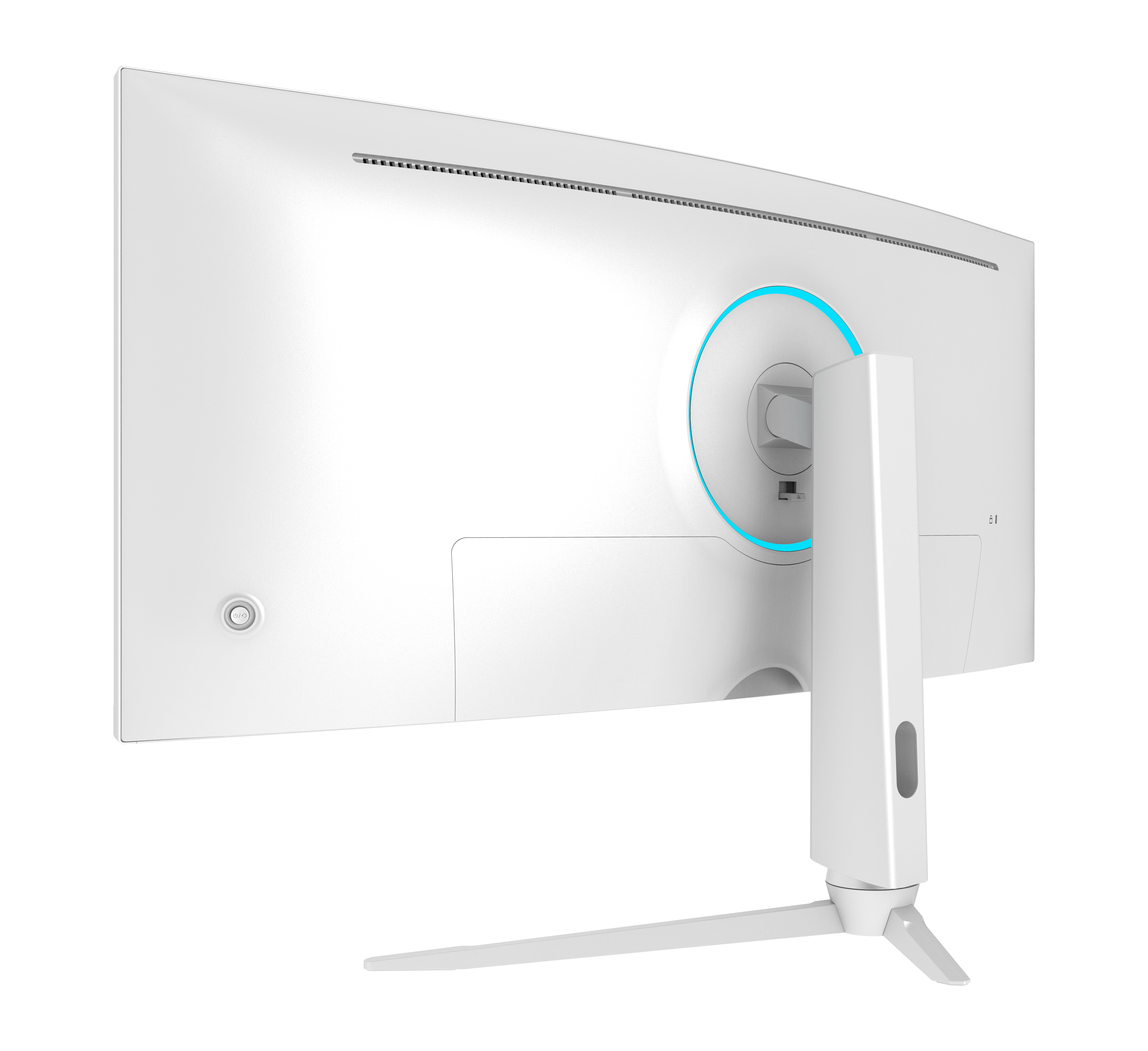 Widok z tyłu białego zakrzywionego monitora, ze stojakiem. Ma niebieski pierścień świetlny.