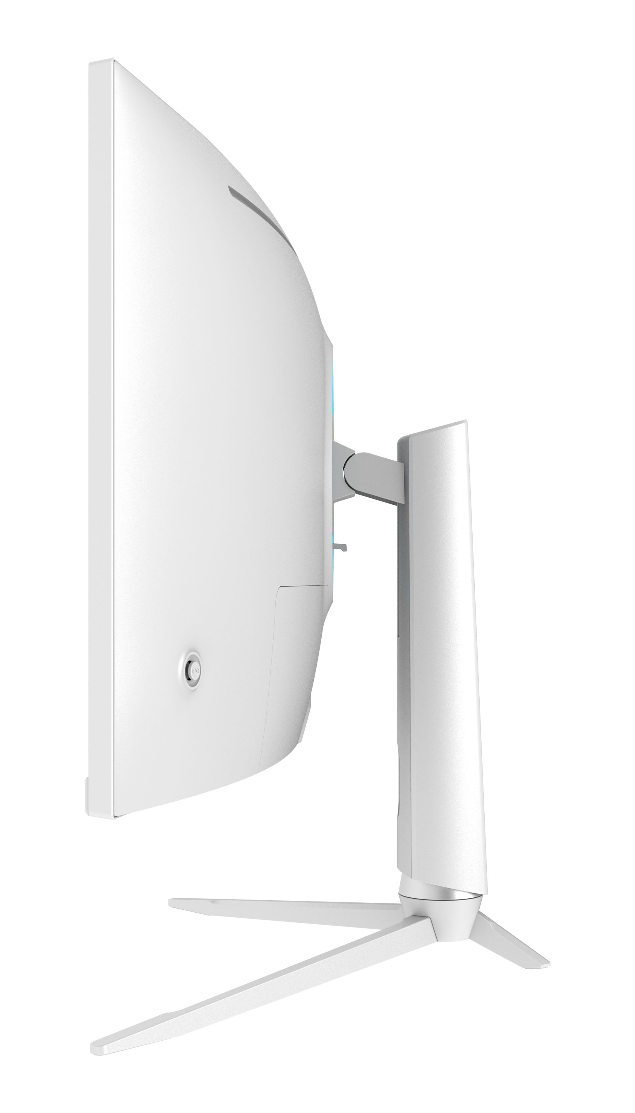 Biały zakrzywiony monitor. Widok z boku. Biała podstawa z trzema nogami. Białe tło.