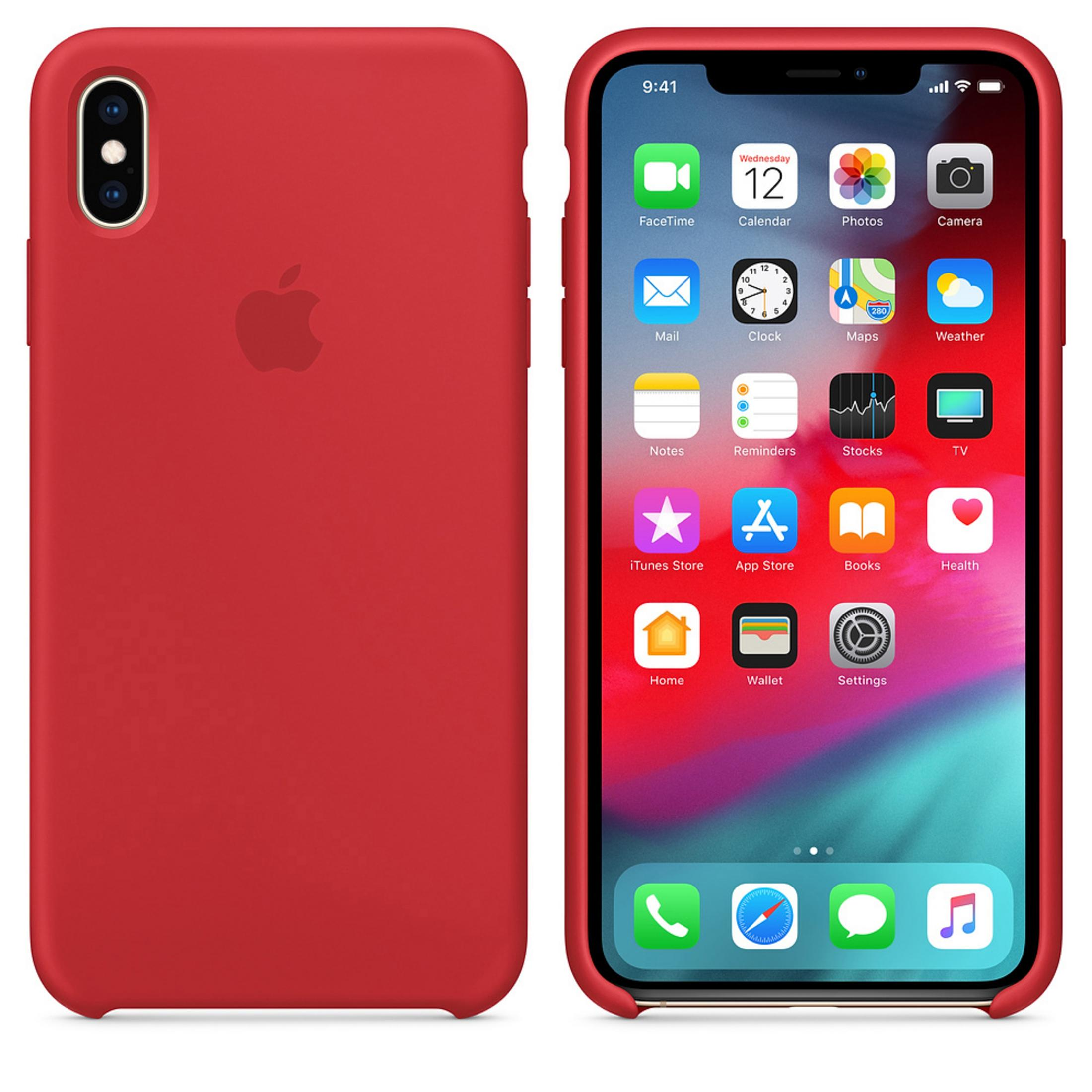 Een rode iPhone met een rode hoes. De telefoon toont het startscherm.