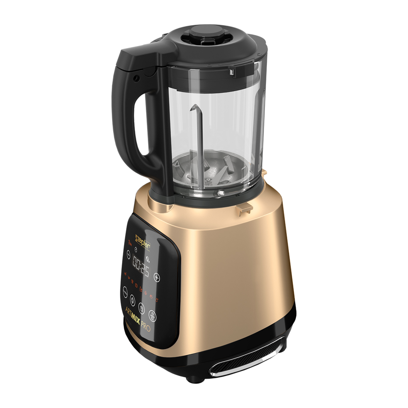 Goldener Mixer. Schwarze und goldene Akzente. Glasbehälter.