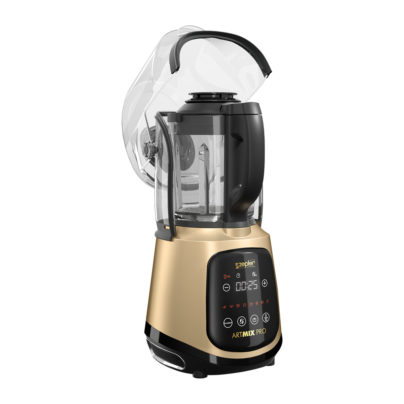 Gold-schwarzer Mixer mit offenem, durchsichtigem Deckel. Die Bedienelemente sind vorne sichtbar. Der Hintergrund ist weiß.
