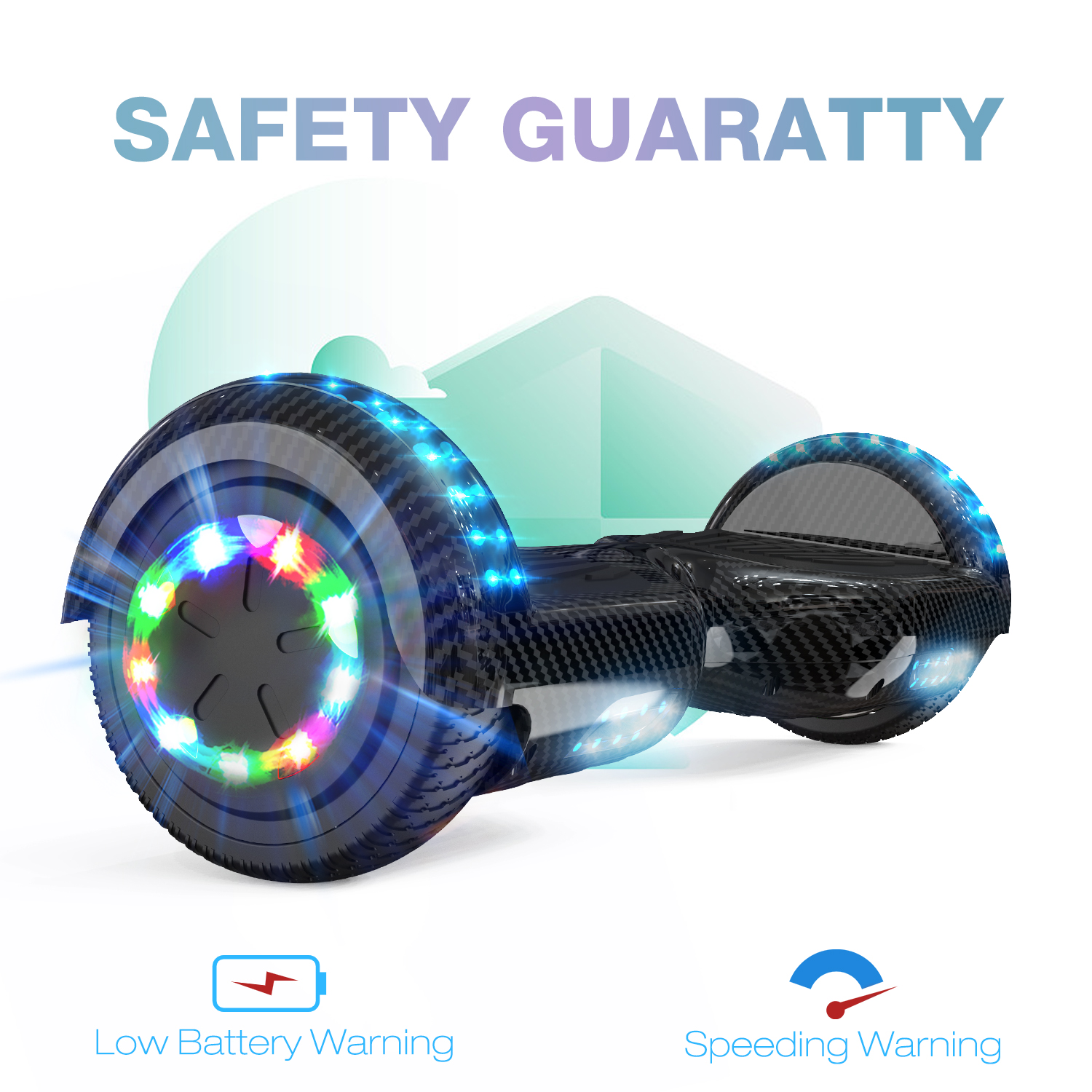 Hoverboard nero con luce. Avvertenze: batteria scarica, velocità eccessiva. Testo: Garanzia di sicurezza.