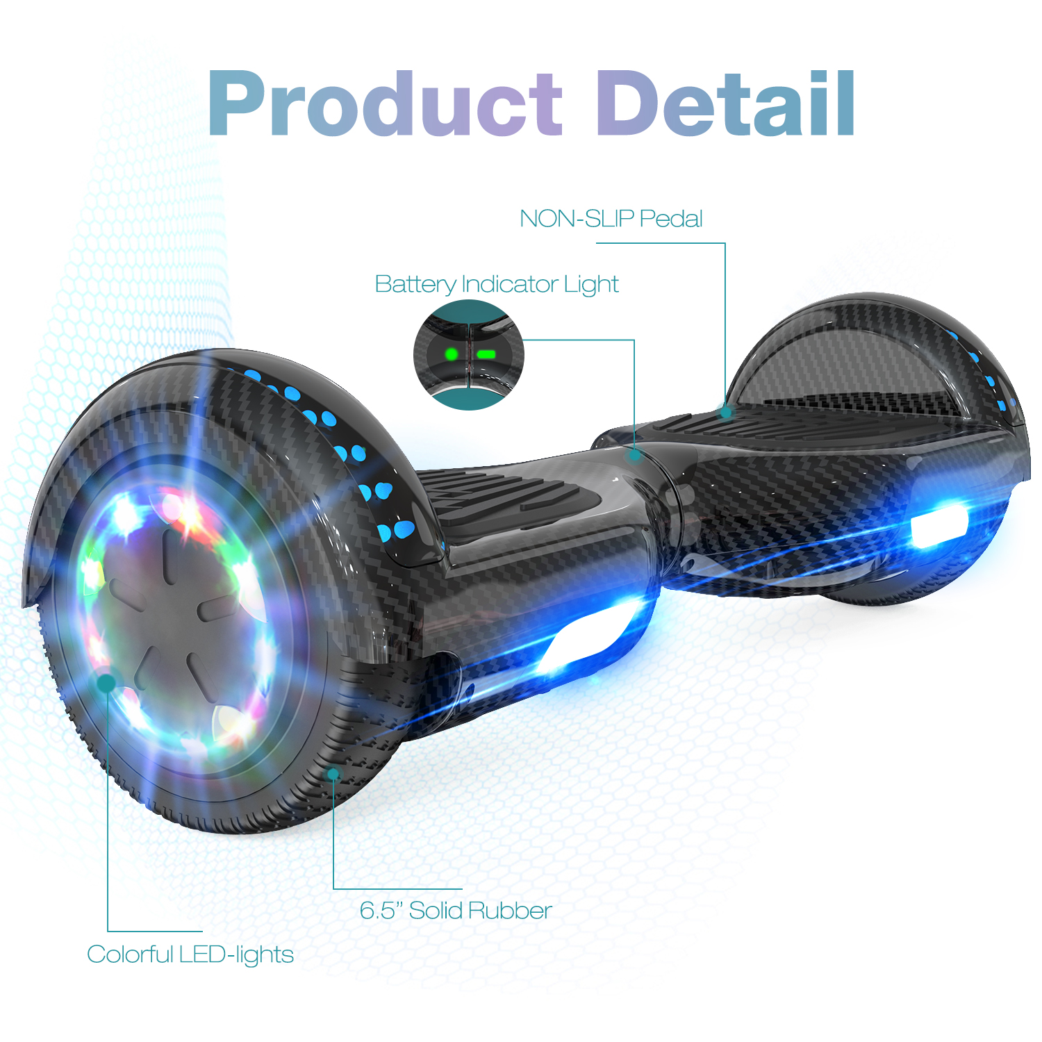 Un hoverboard nero con luci LED colorate su sfondo bianco, testo dettagli prodotto.