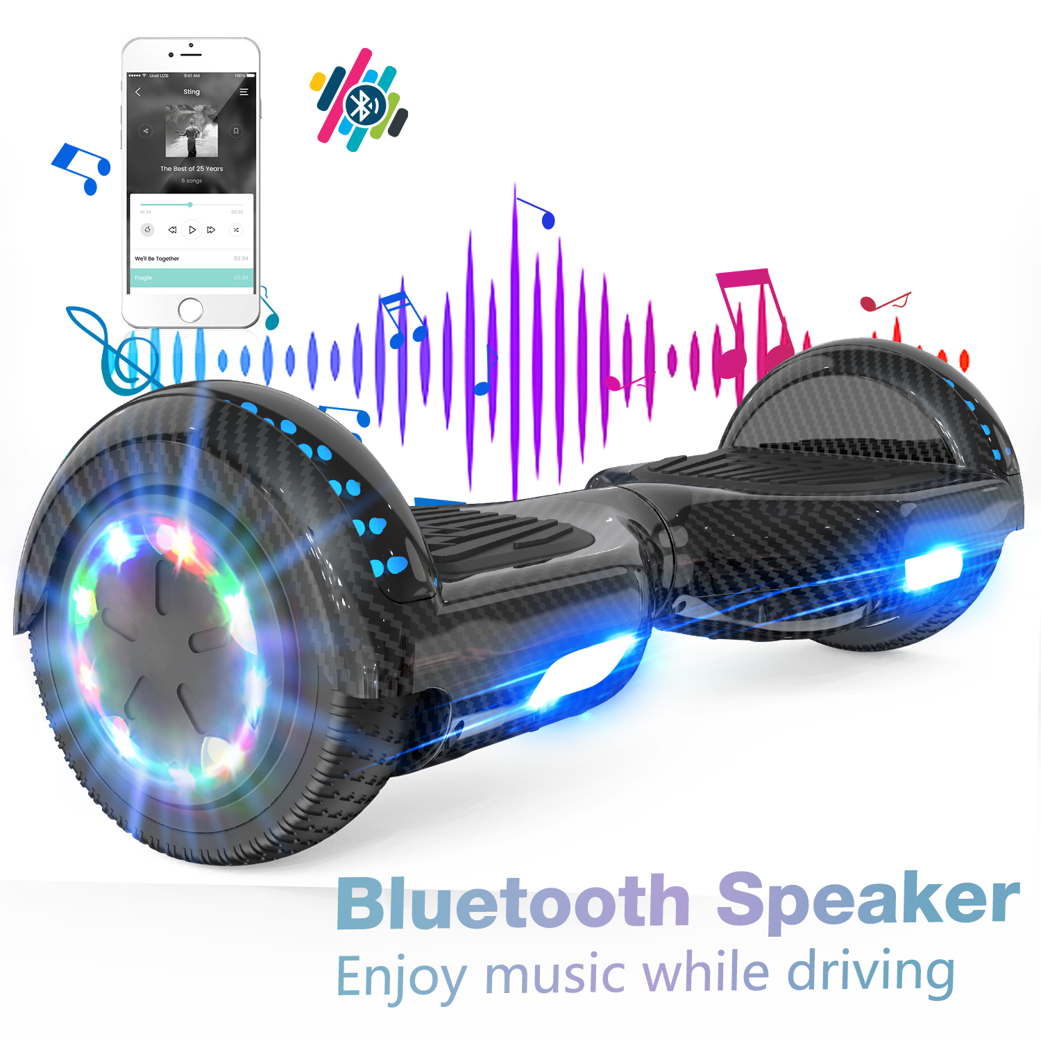 Hoverboard nero con luci colorate sulle ruote e un telefono che mostra un'app musicale. Testo altoparlante Bluetooth.