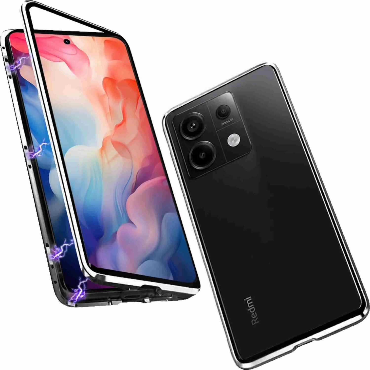 Ein schwarz-silbernes Telefon mit Schutzhülle. Die Hülle ist geöffnet und zeigt den Bildschirm des Telefons.