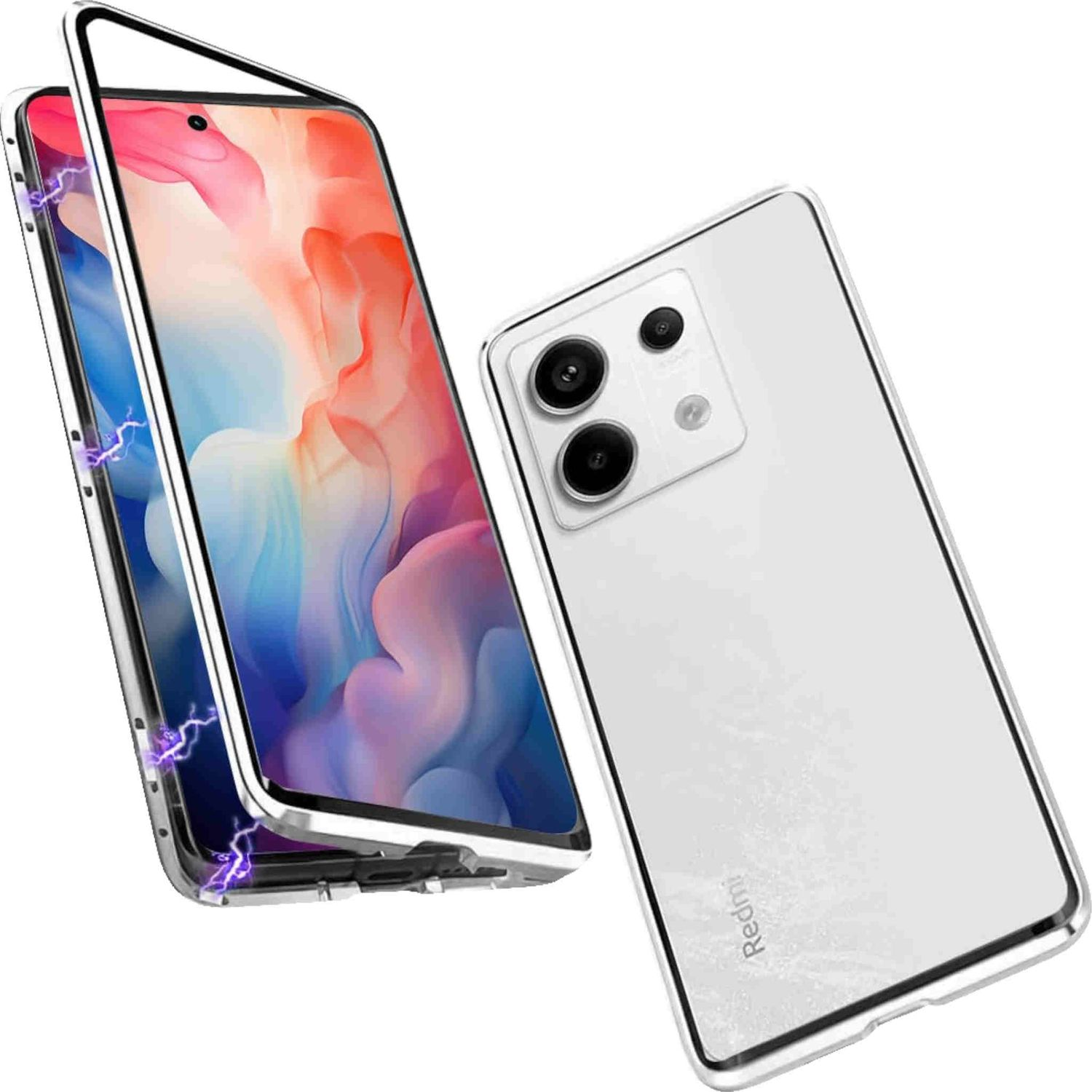 Eine Handyhülle und ein Telefon. Die Hülle ist transparent mit einem schwarzen und silbernen Rahmen.