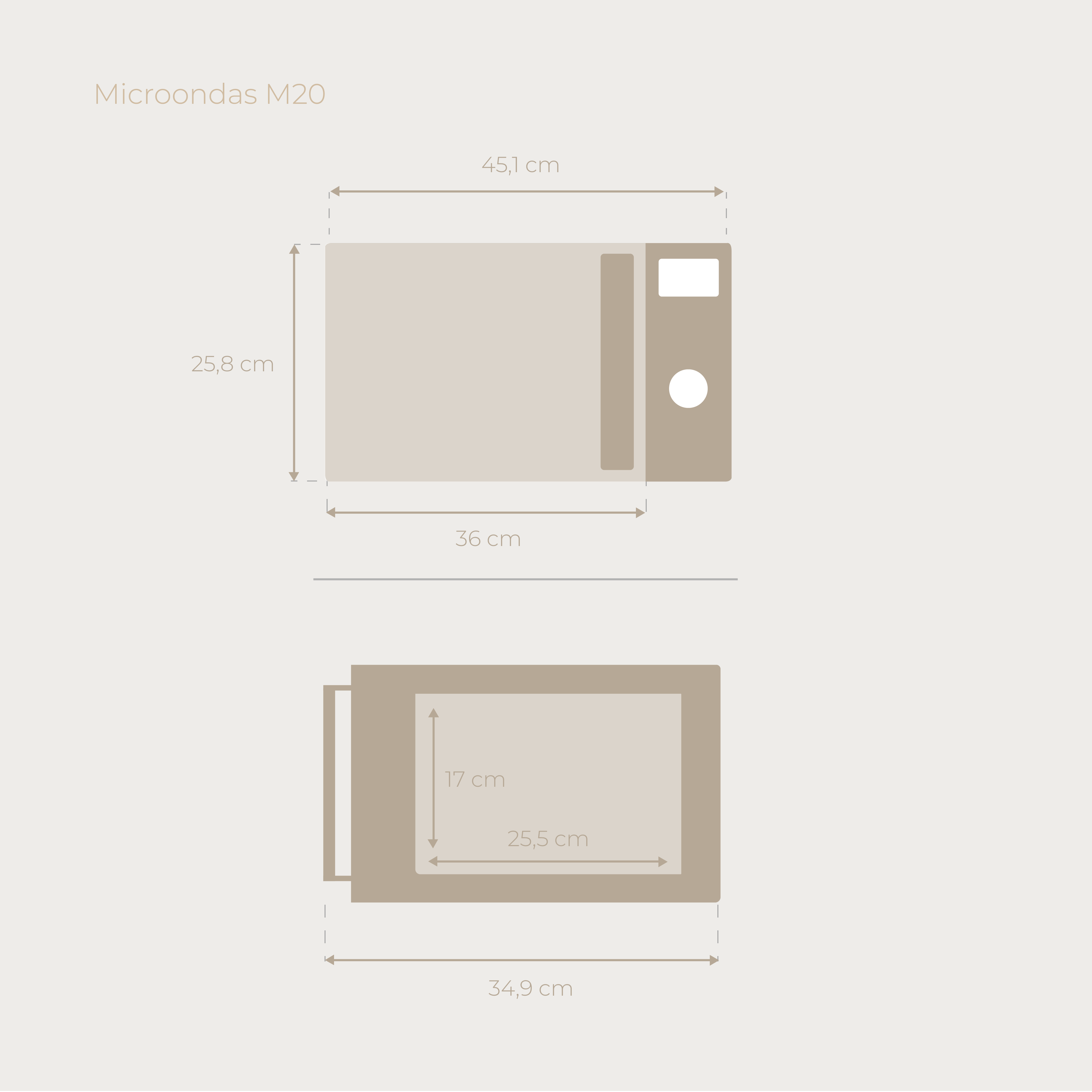 Diagrama de horno microondas con medidas. Vista superior y lateral, color beige.