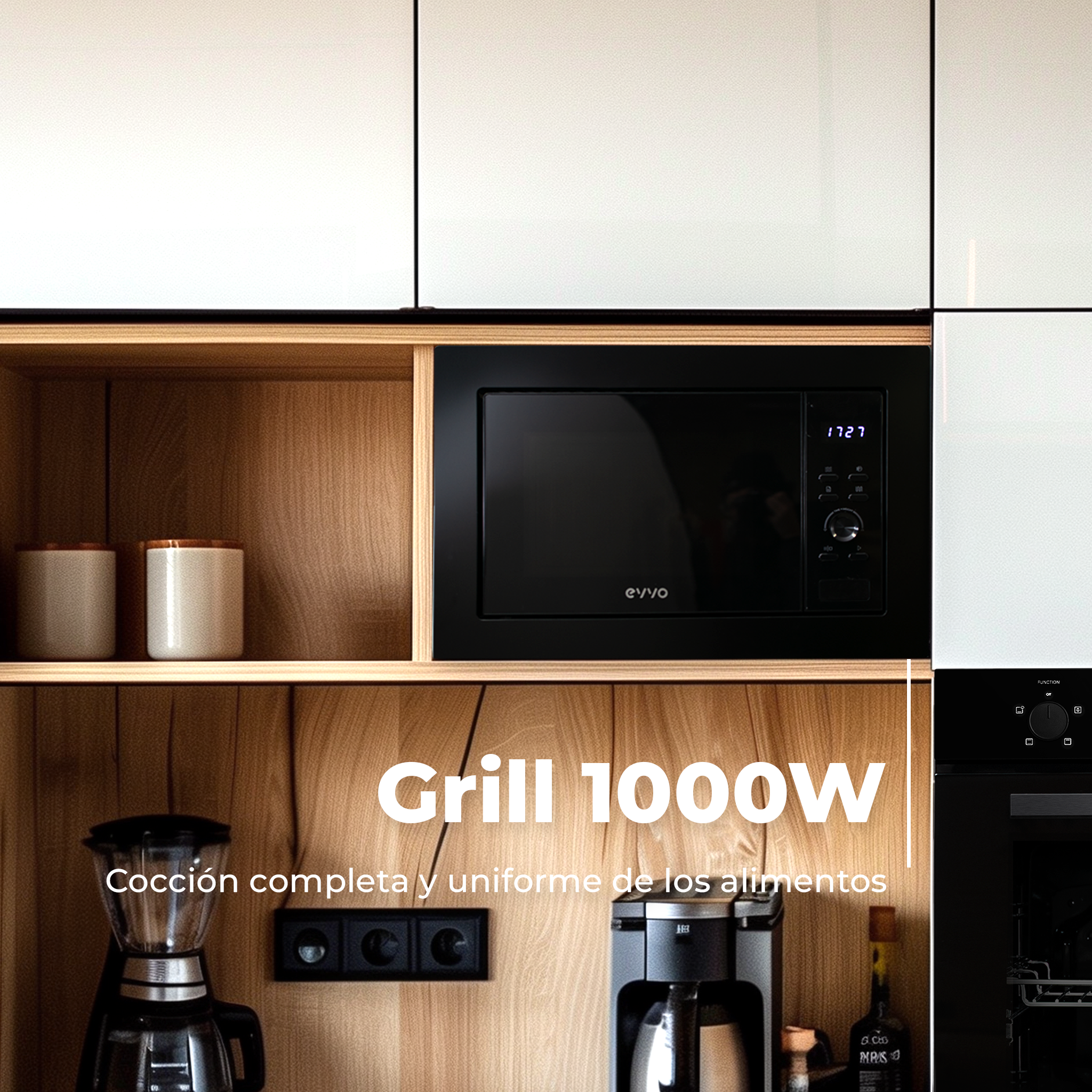 Un microondas negro empotrado en un mueble de madera, con el texto 'Grill 1000W'.