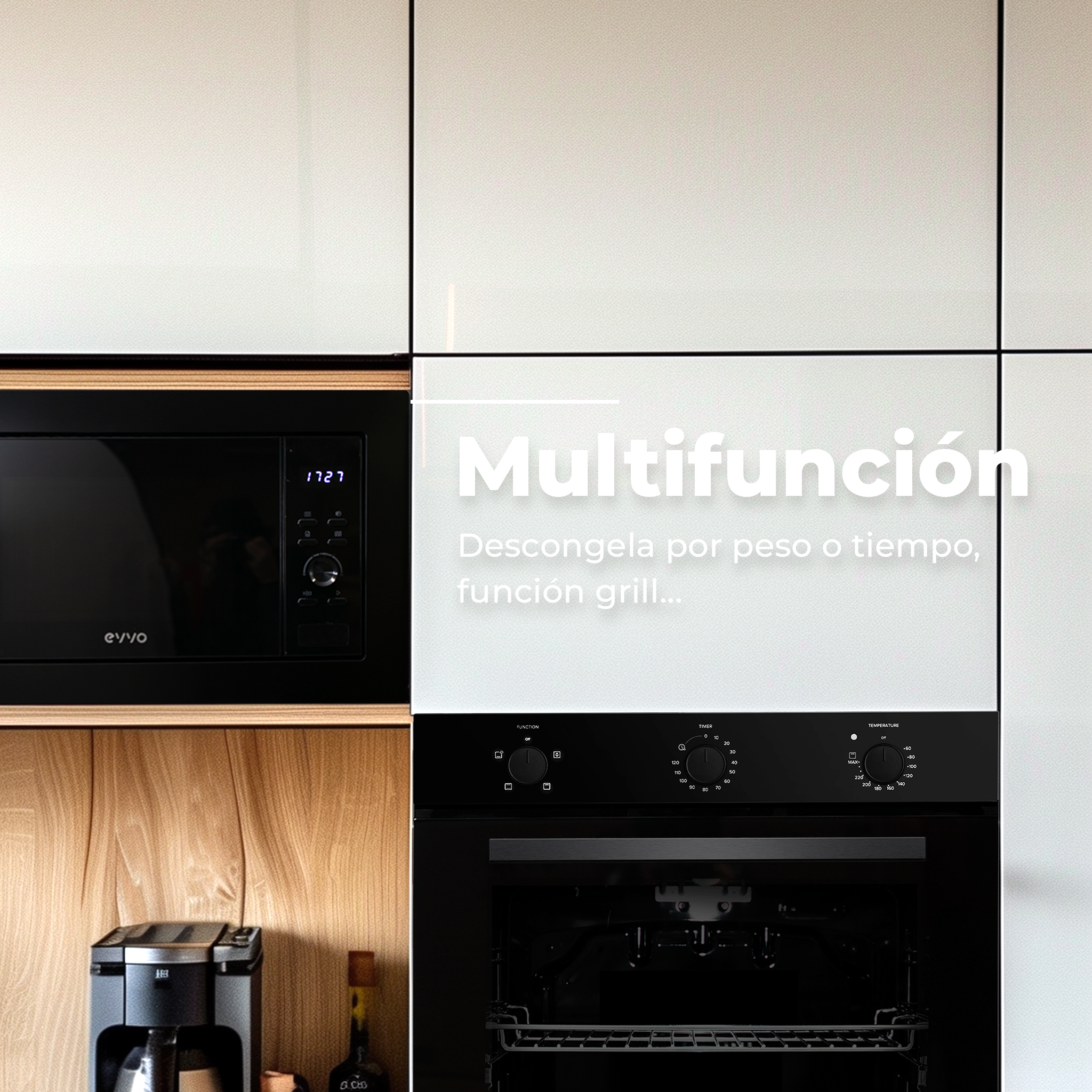 Una escena de cocina moderna con microondas, horno y cafetera, sobre un fondo blanco y de madera.