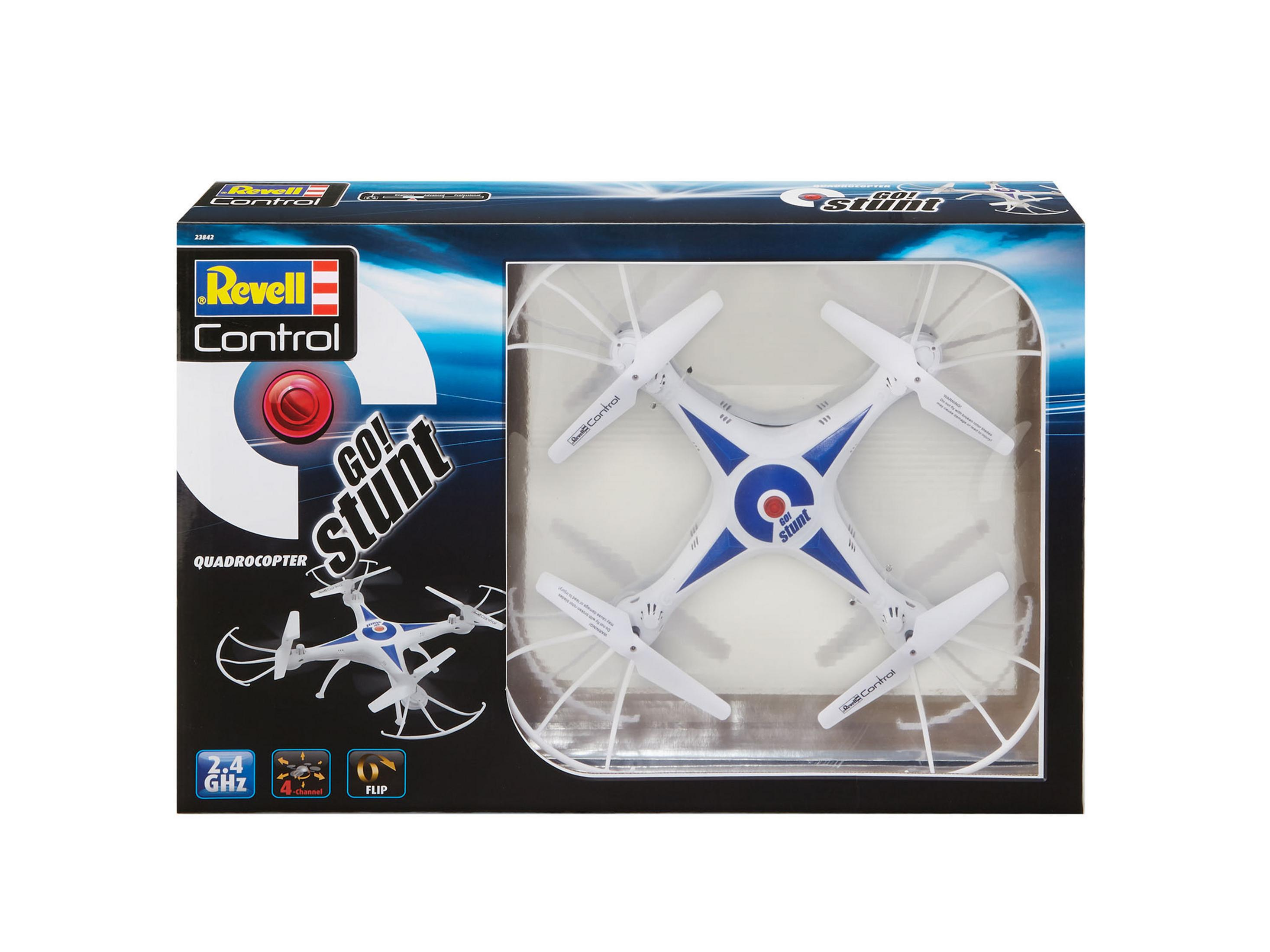 Dron w pudełku, pokazujący drona i jego funkcje.