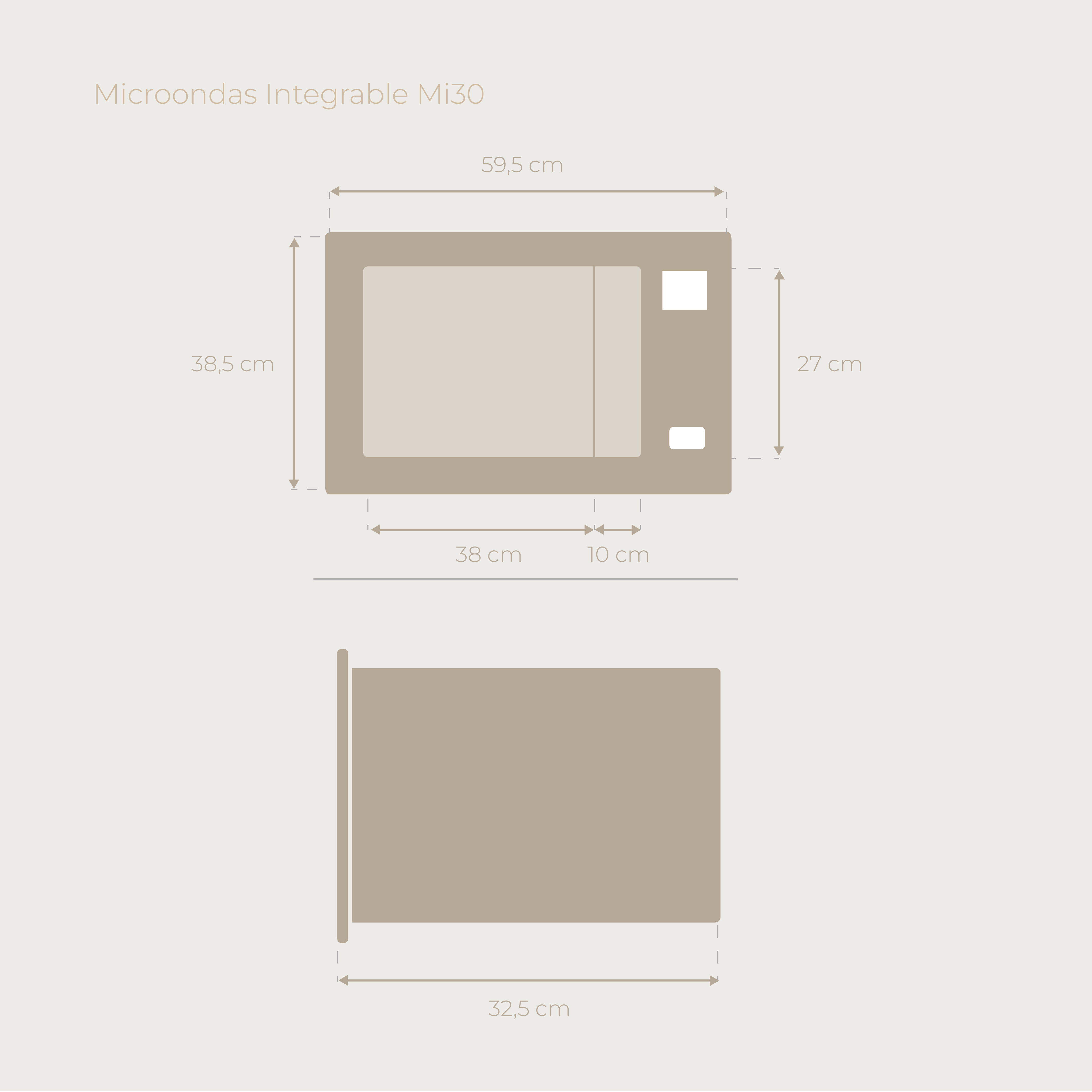 Diagrama de un microondas, con dimensiones. Es de color marrón claro, vista frontal.