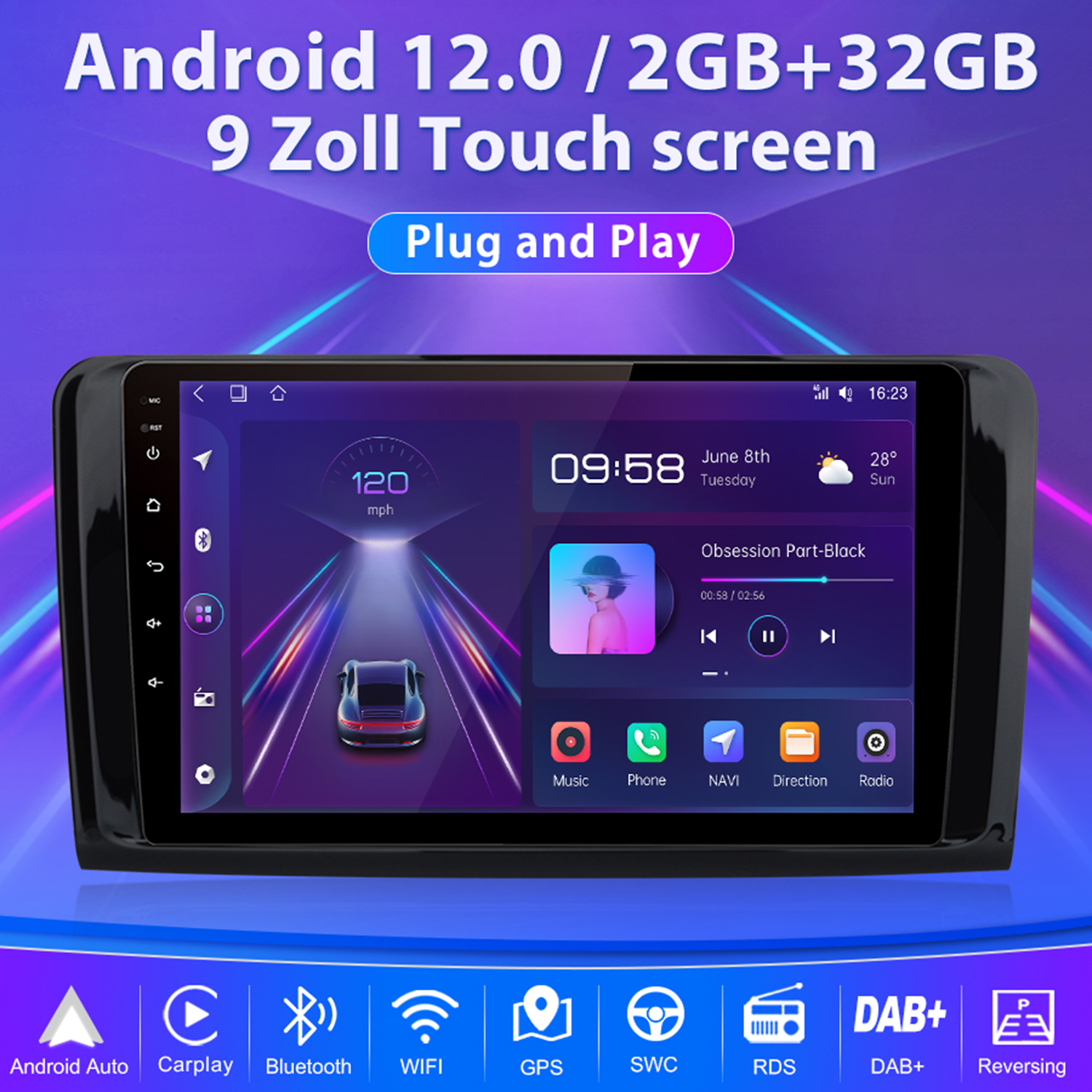 Auto-Multimediasystem. Android 12.0, 2GB+32GB, 9-Zoll-Touchscreen, Plug and Play.