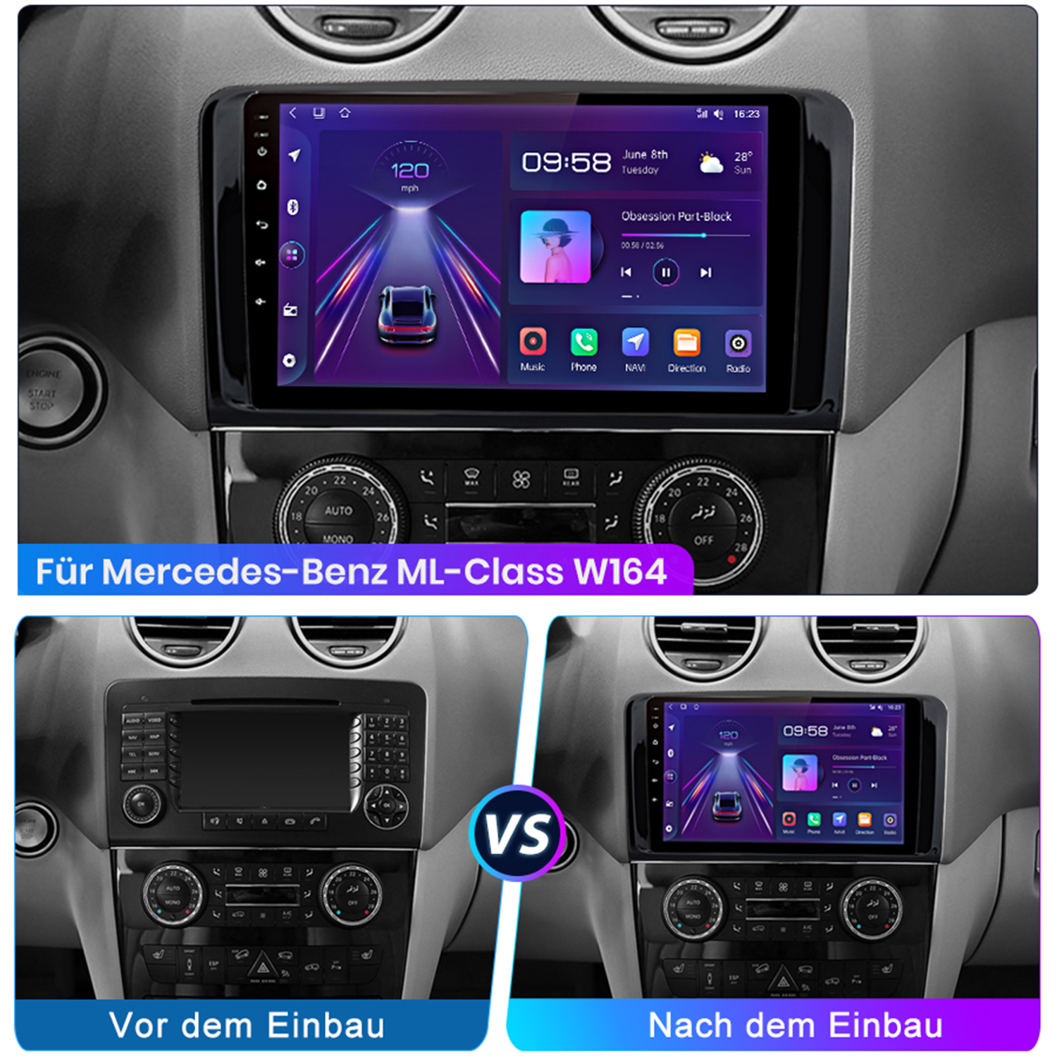 Auto-Infotainment-Bildschirm, Vorher-Nachher-Installation.