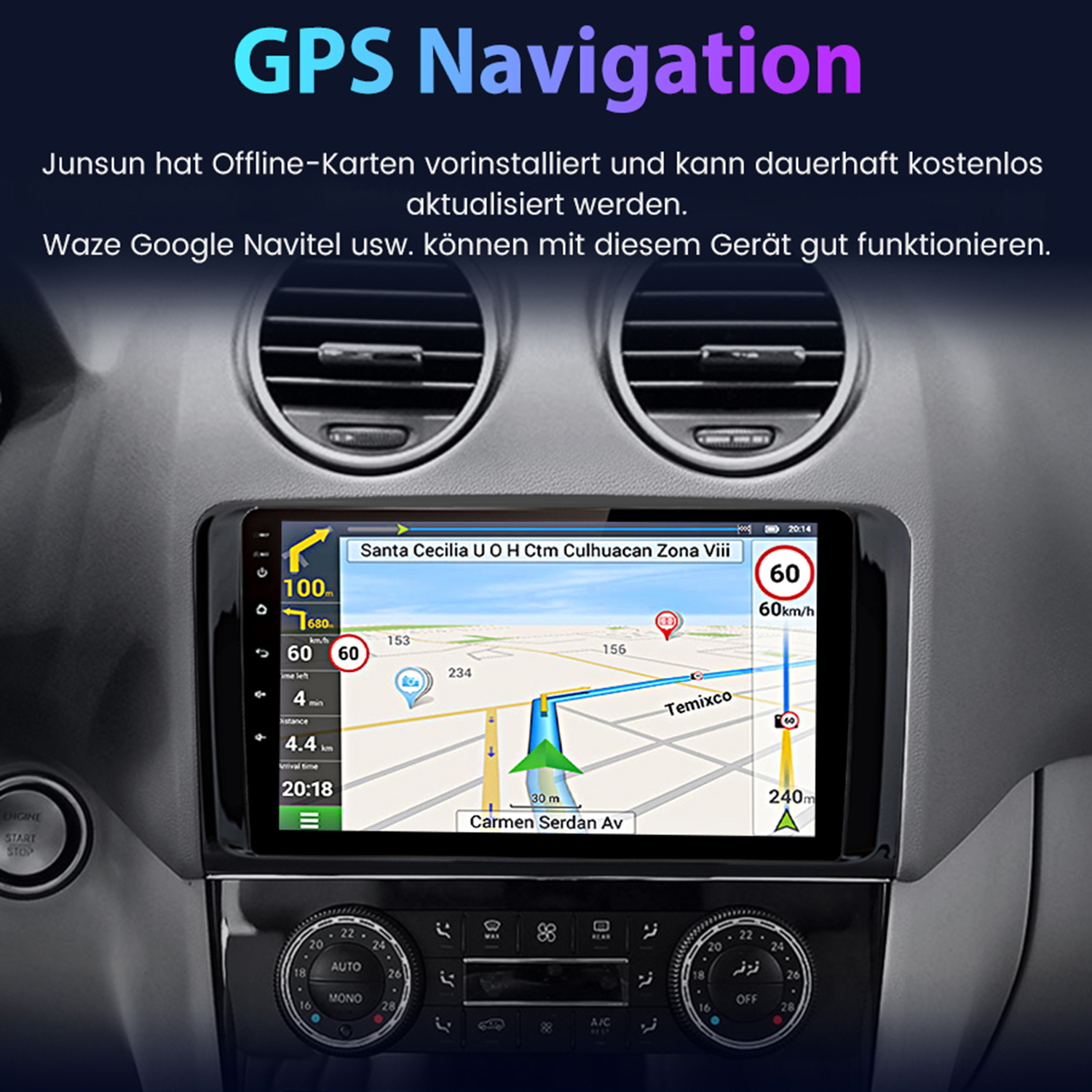 Armaturenbrett mit GPS-Navigationsbildschirm, der Karte und Wegbeschreibungen zeigt.