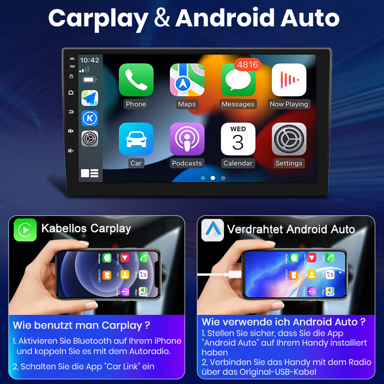 Ein Bildschirm im Auto, der CarPlay- und Android Auto-Optionen mit Anweisungen und Telefonbildern zeigt.