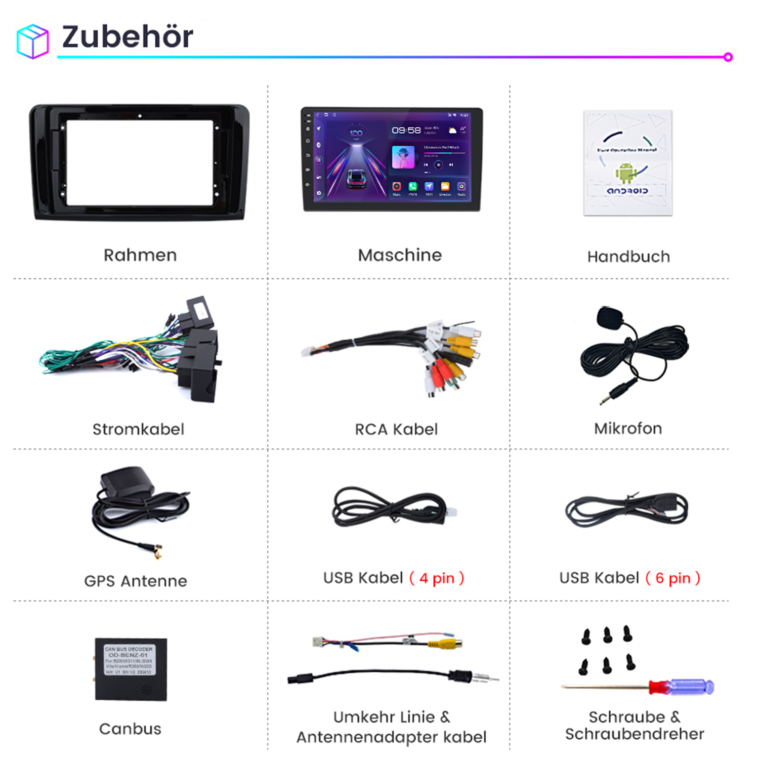 Verschiedenes Auto-Audio-Zubehör, einschließlich Headunit, Kabeln und Mikrofon.