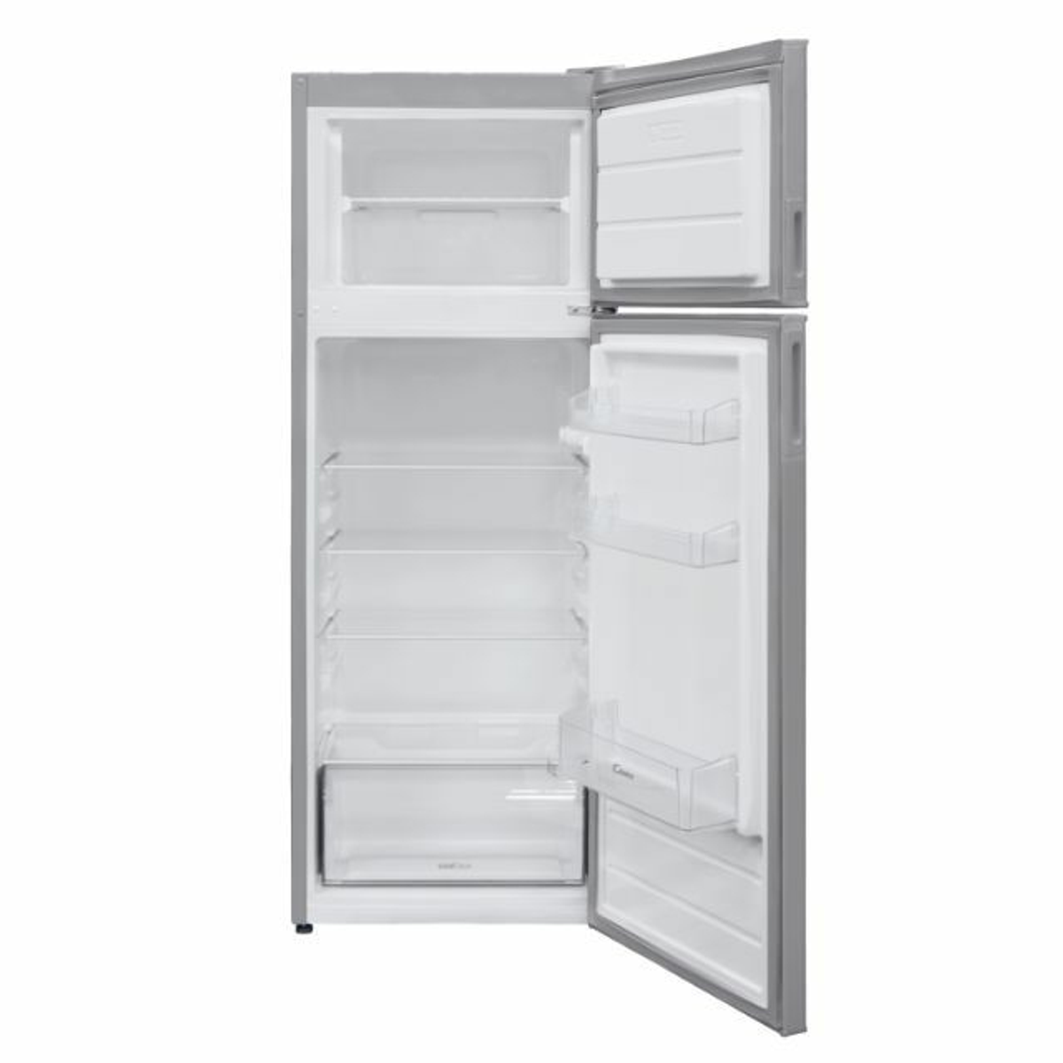 Un frigorifero aperto con ripiani e cassetti e un interno bianco.