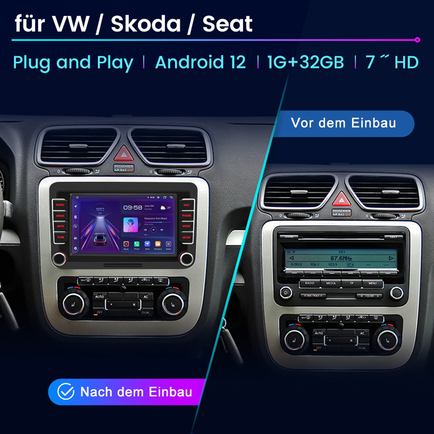 Ekran radia samochodowego wyświetlający interfejs. Tekst u góry: dla VW / Skoda / Seat. Pokazano przed i po instalacji.