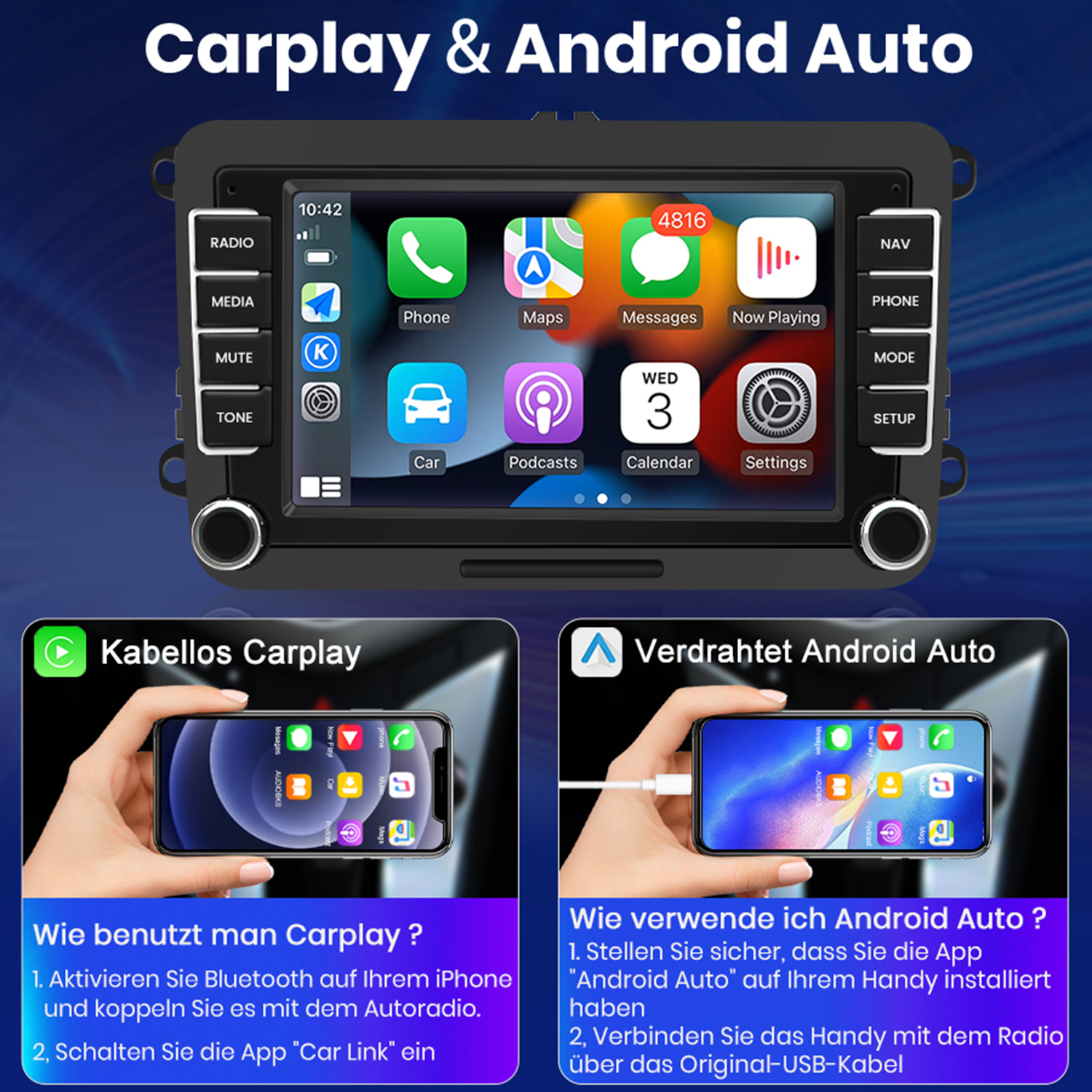Interfejs Carplay i Android Auto wyświetlany na ekranie radia samochodowego, z instrukcjami.