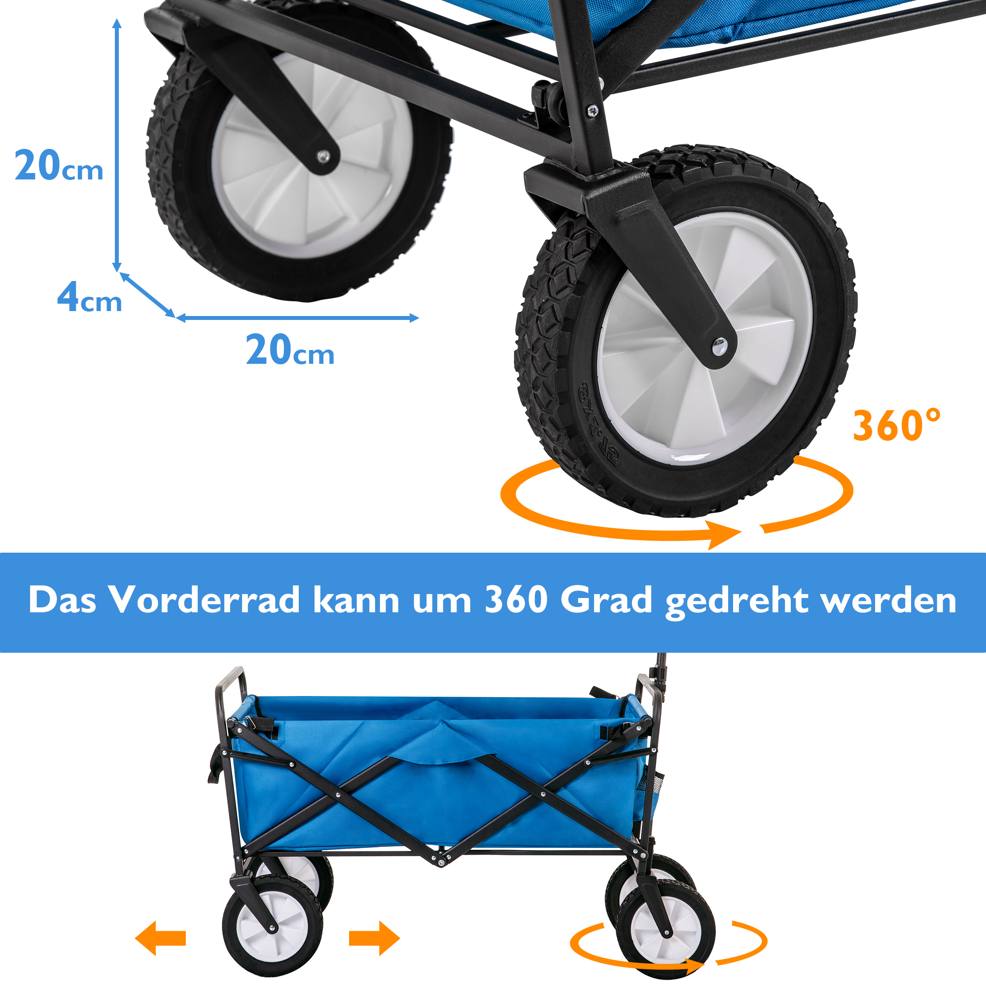 Ein blau-schwarzer Wagen mit Maßen und einem Pfeil, der die 360°-Drehung der Vorderräder zeigt.
