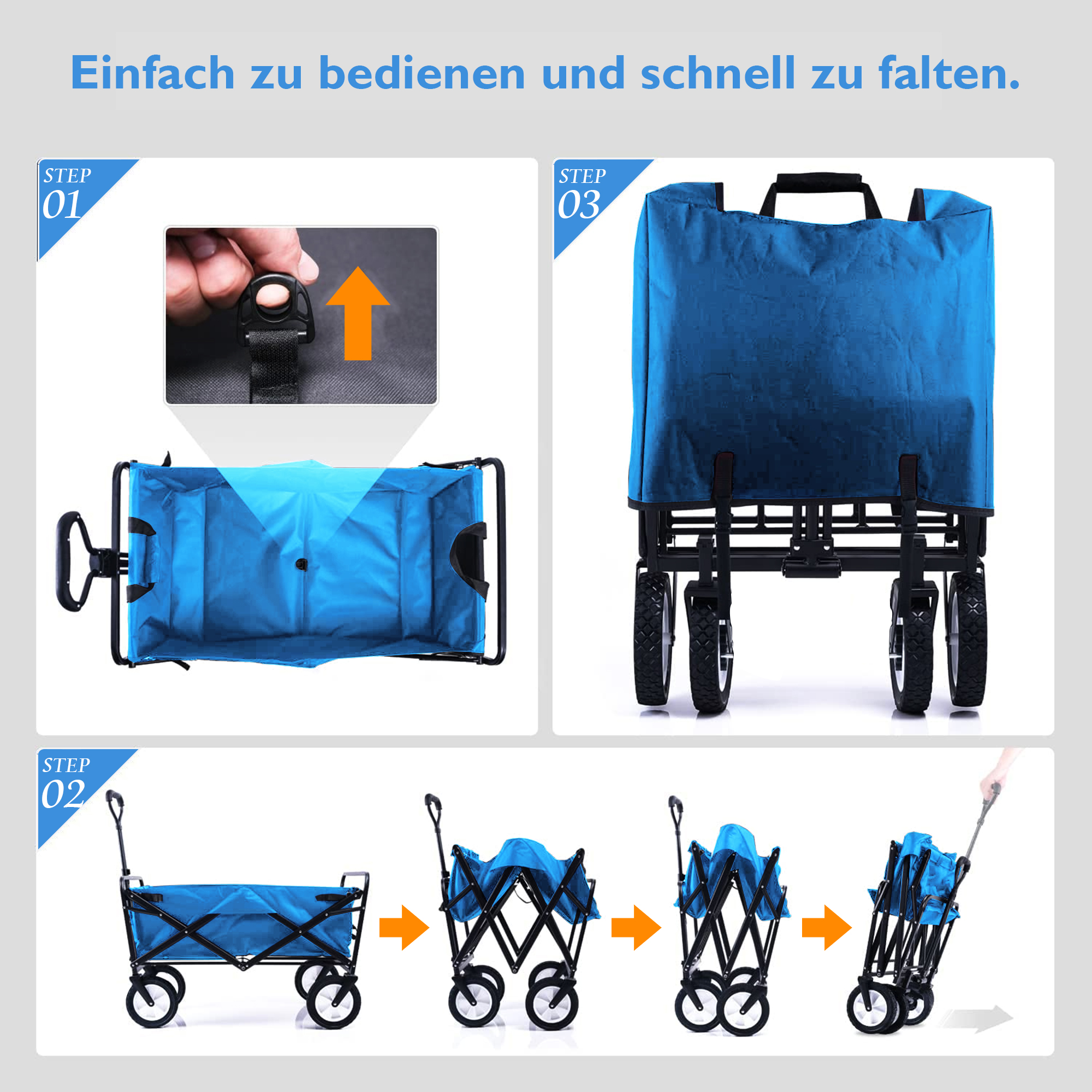 Blauer Klappwagen, gezeigt in Falt-Schritten. Anweisungen und Pfeile zeigen den Vorgang.