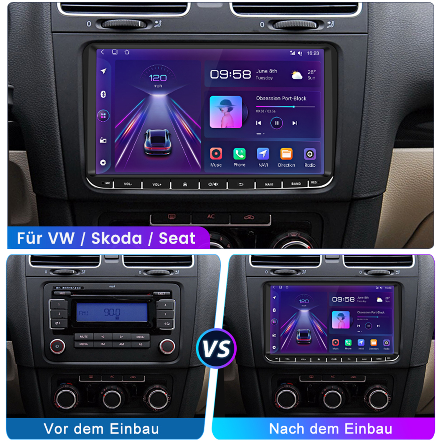 Ein Autoradio-Bildschirm zeigt die Vorher-Nachher-Installation.