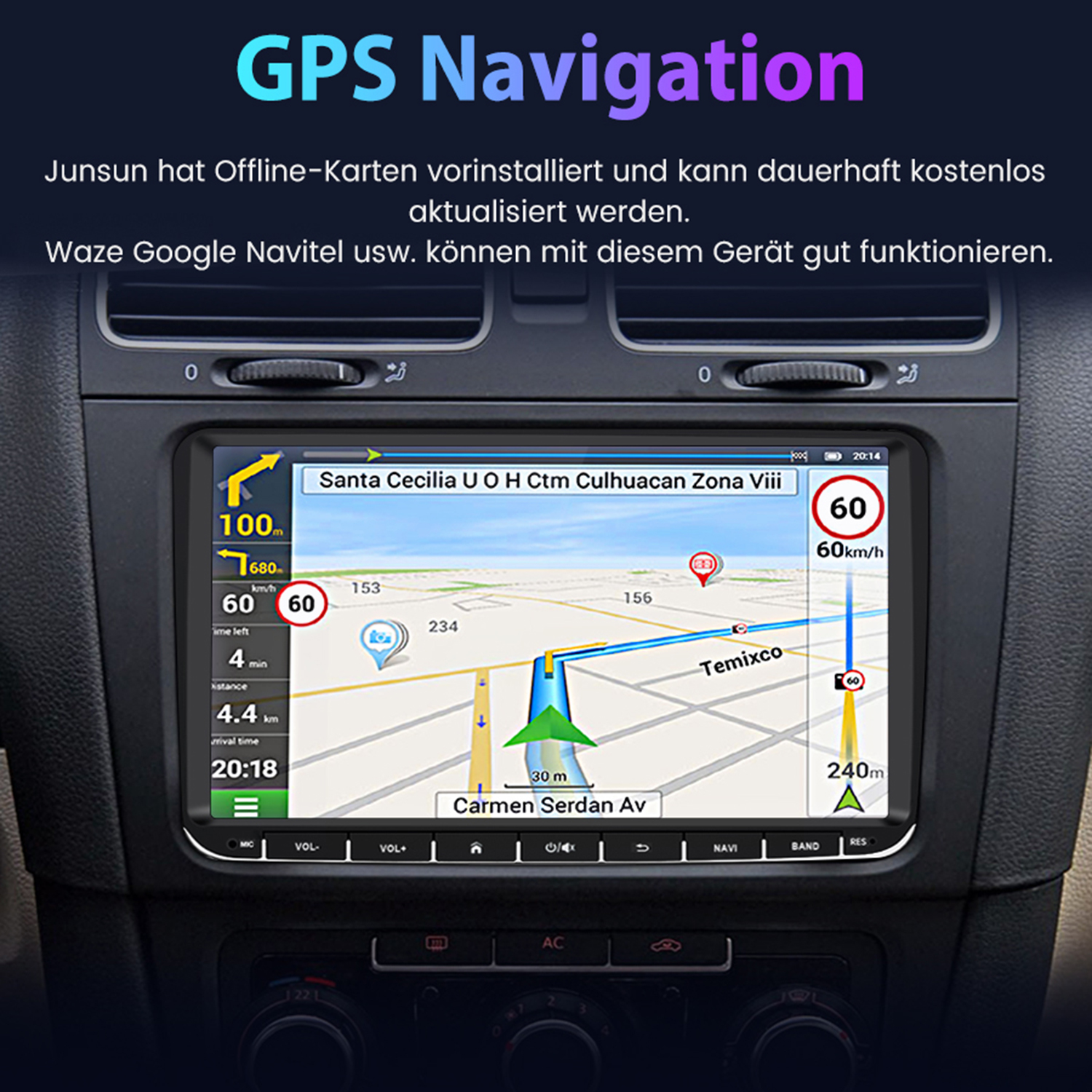 Armaturenbrett eines Autos mit GPS-Navigationsbildschirm, der eine Karte und Route anzeigt.
