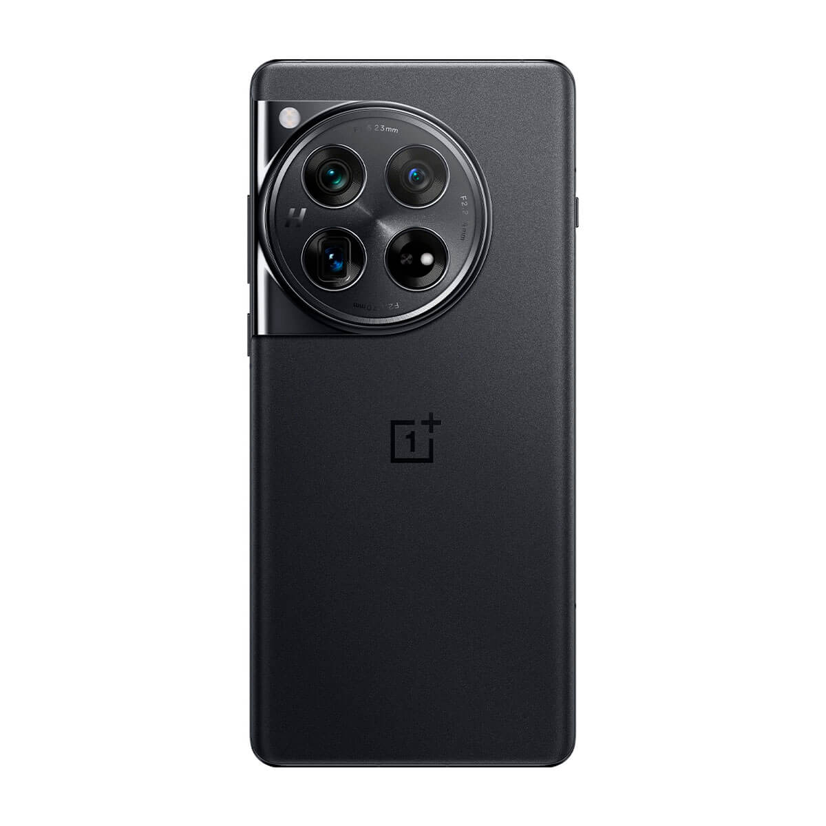 Zwarte smartphone met meerdere camera's aan de achterkant en een zilveren cirkelvormig cameradesign, op een zwarte achtergrond.