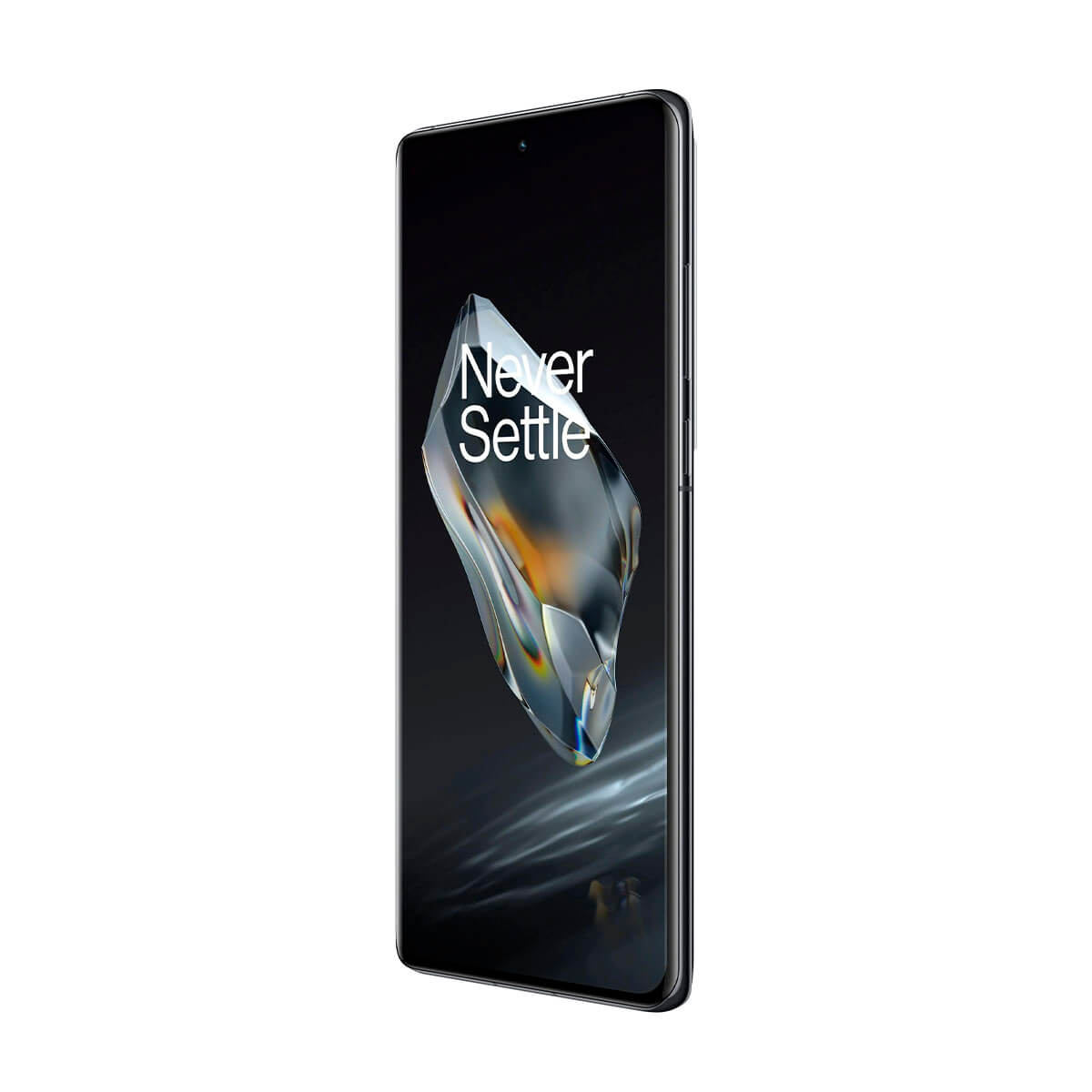 Een zwarte smartphone met een 'Never Settle' wallpaper op het scherm.