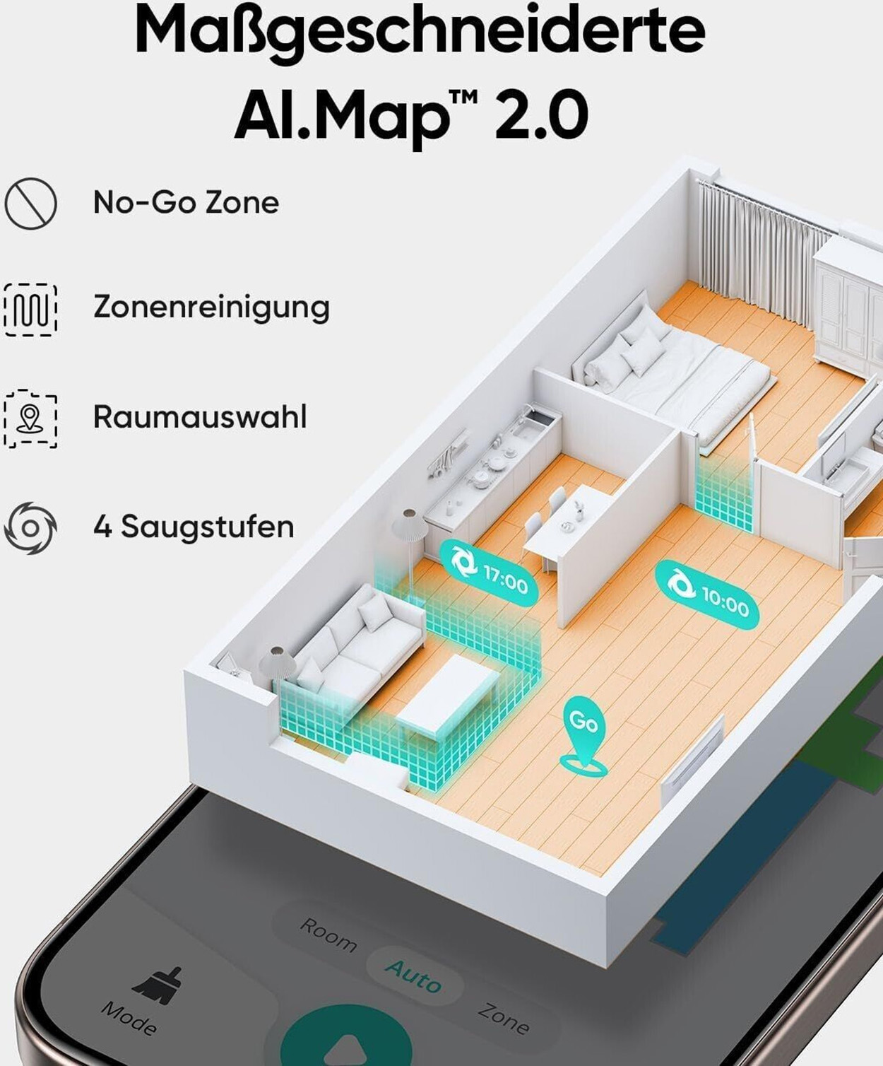 Zilustrowany plan piętra przedstawiający układ inteligentnego domu ze strefami sprzątania i harmonogramami.
